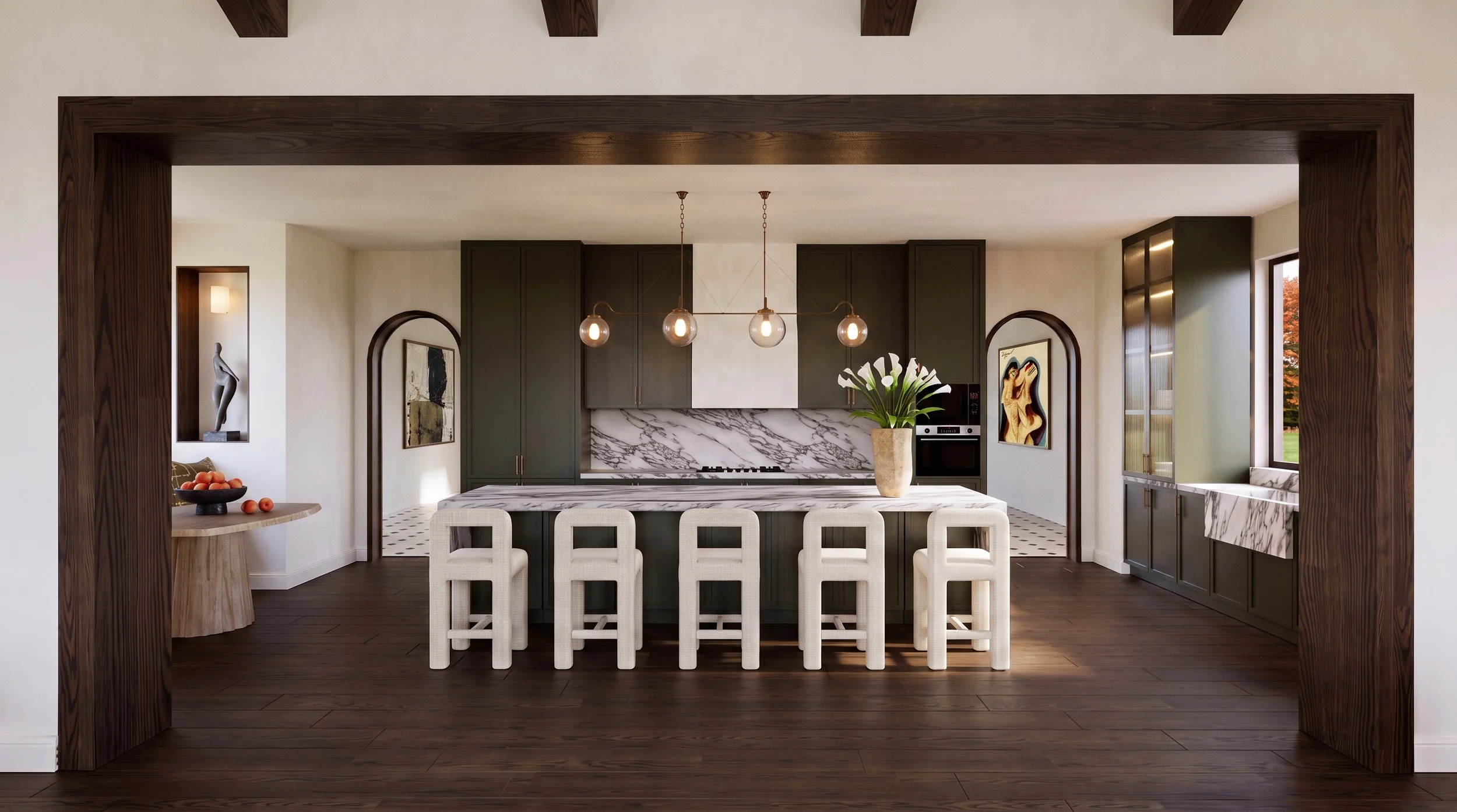 Modern luxury kitchen design featuring a large marble waterfall island with five white boucle counter stools, dark green custom cabinetry, a slab marble backsplash, and a contemporary glass globe pendant light fixture under exposed dark wood ceiling 