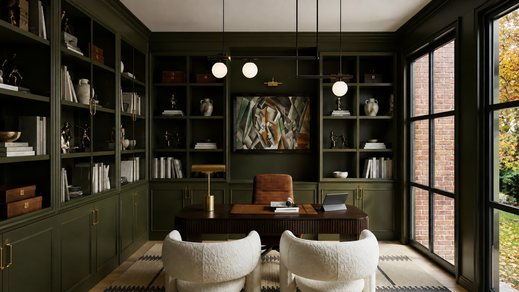 Luxury home office in Potomac, Maryland, featuring deep olive green custom built-in cabinetry, a sculptural wood desk, boucle guest chairs, contemporary artwork, brass accents, and expansive black-framed windows.