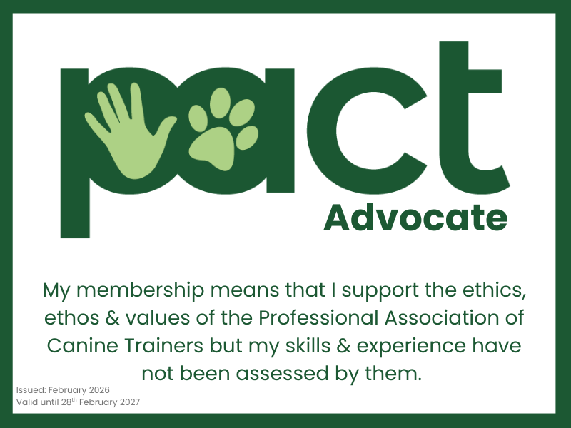 A membership card for Poact Advocate supporting professional canine training ethics, with text about ethics, values, and personal skills, issued February 2026.