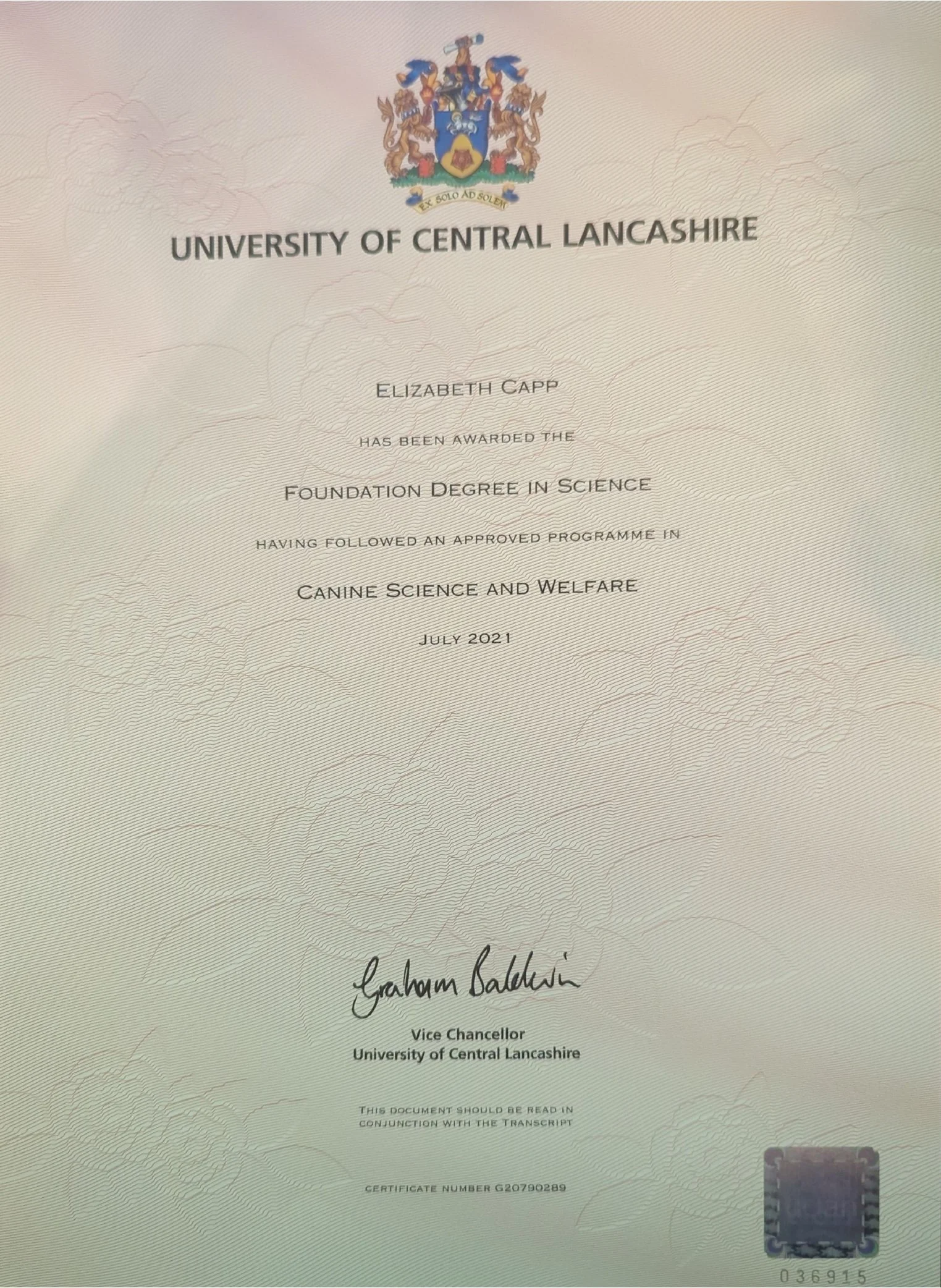 Certificate from the University of Central Lancashire awarded to Elizabeth Capp for a Foundation Degree in Science in July 2021, signed by Graham Baldwin, Vice Chancellor, with coat of arms at the top.