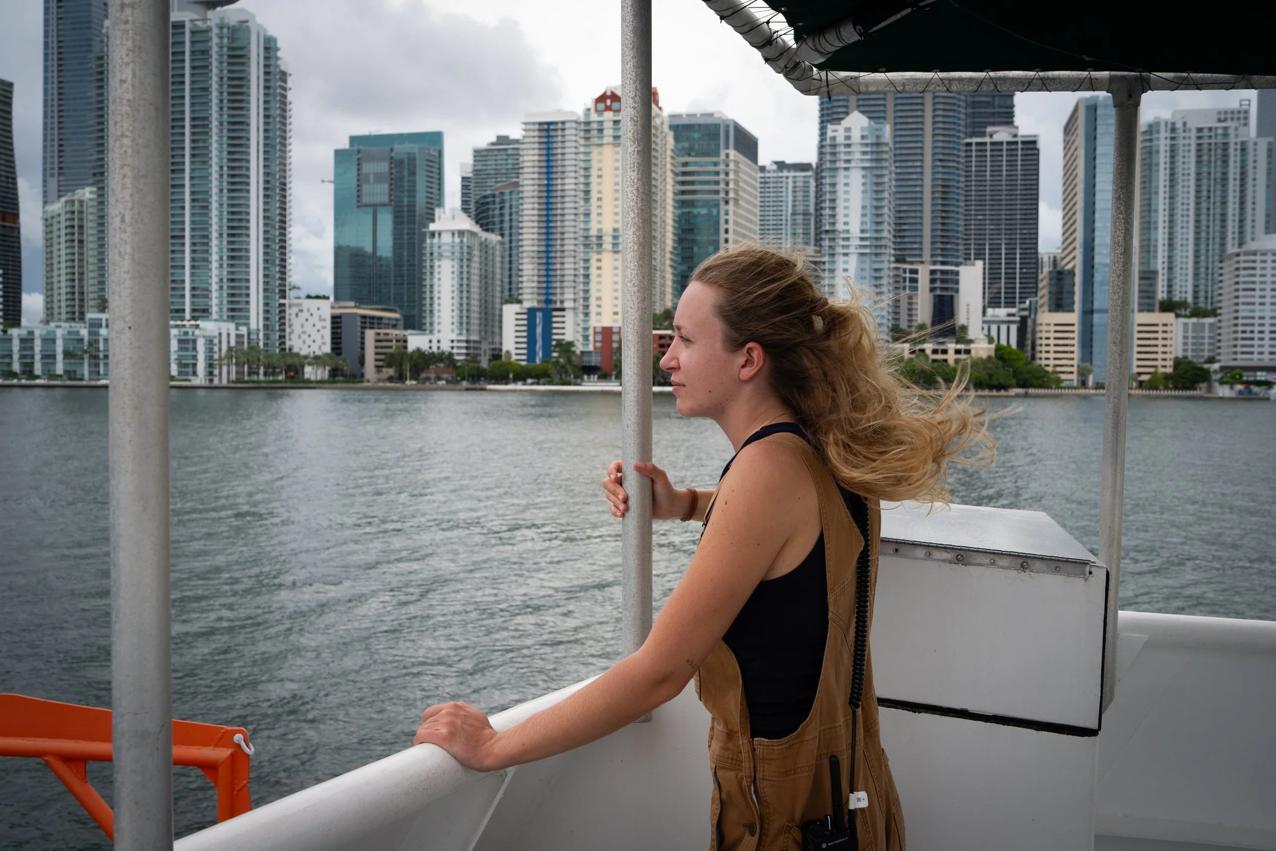 Assistant engineer Paige Fitzpatrick, 23, watches as the research vessel F.G. Walton Smith navigates Miami Harbor in early September 2025. Scientists aboard are beginning a mission to collect data on the Florida Current, a key component of Atlantic o