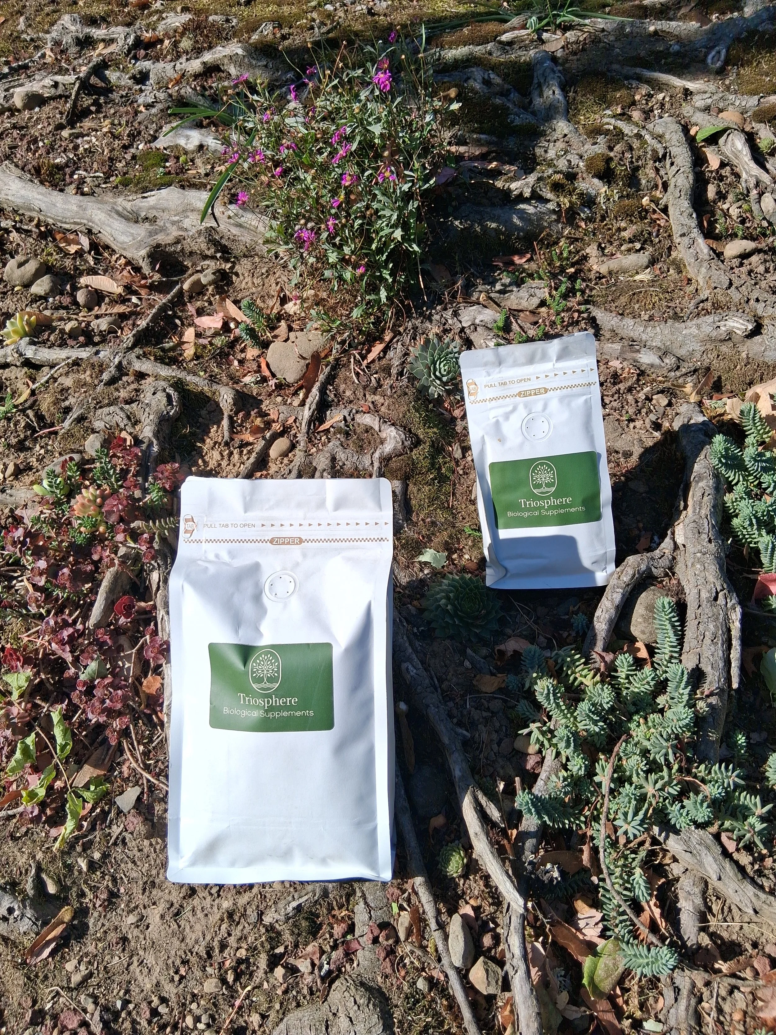 Two bags of Triosphere biological soil supplement on garden soil