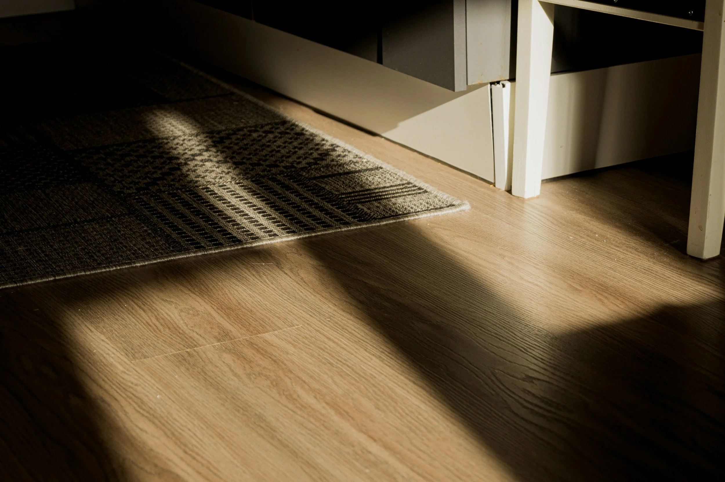 Close-up of a dark patterned rug on wooden floor, with part of a light-colored desk or cabinet and a white leg visible in sunlight.