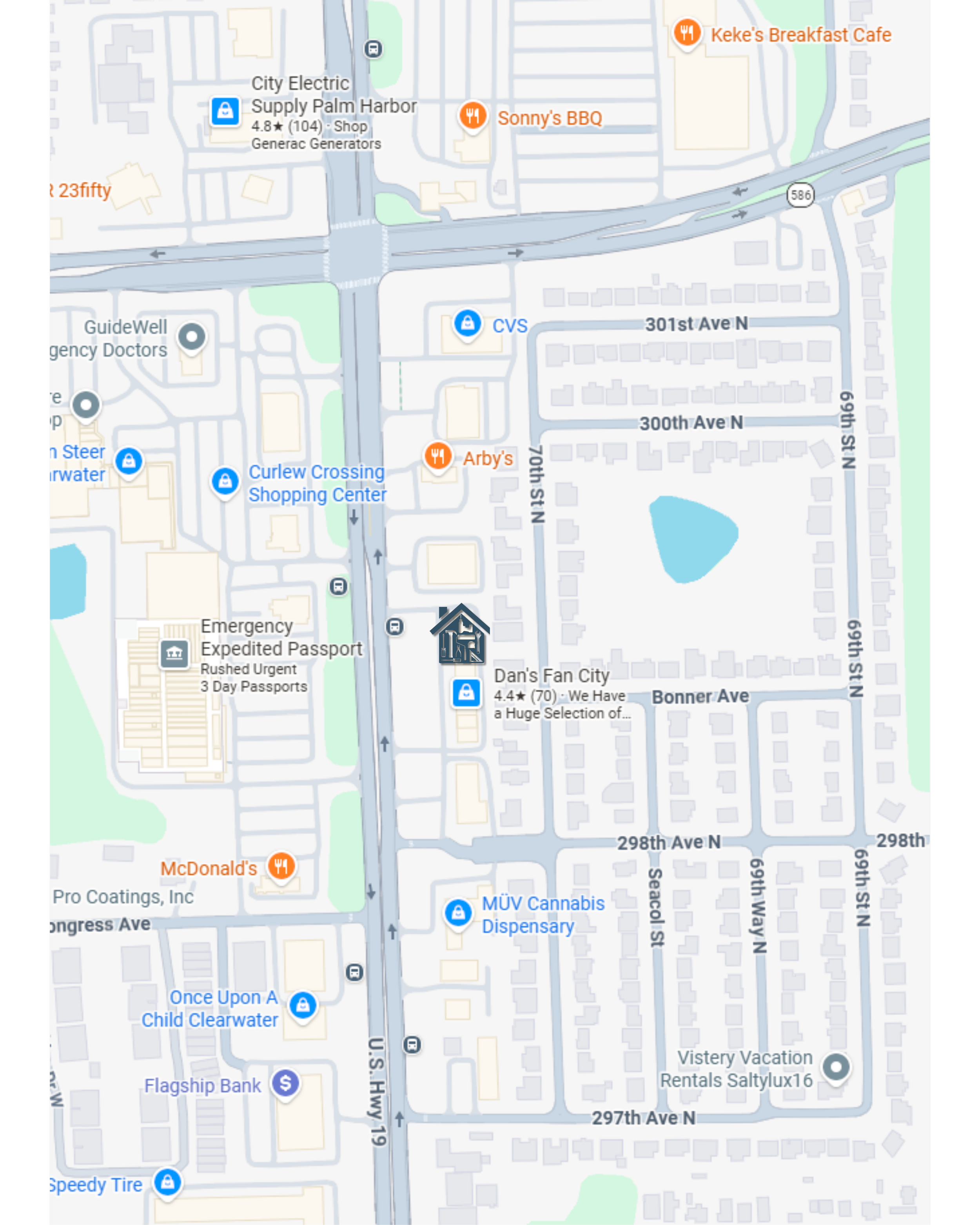 Map showing streets, including 298th Ave N and 297th Ave N, with various businesses such as CVS, McDonald's, and cannabis dispensaries, along with landmarks like Speedy Tire and a church.