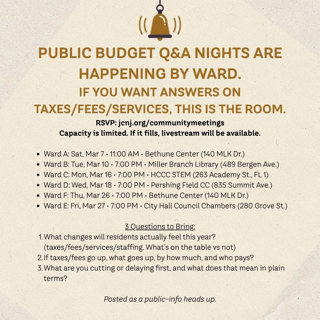 Budget Decisions Start Here: Ward Town Halls

RSVP if you want a seat (capacity is limited): jcnj.org/communitymeetings

Posted as a public-info heads up.