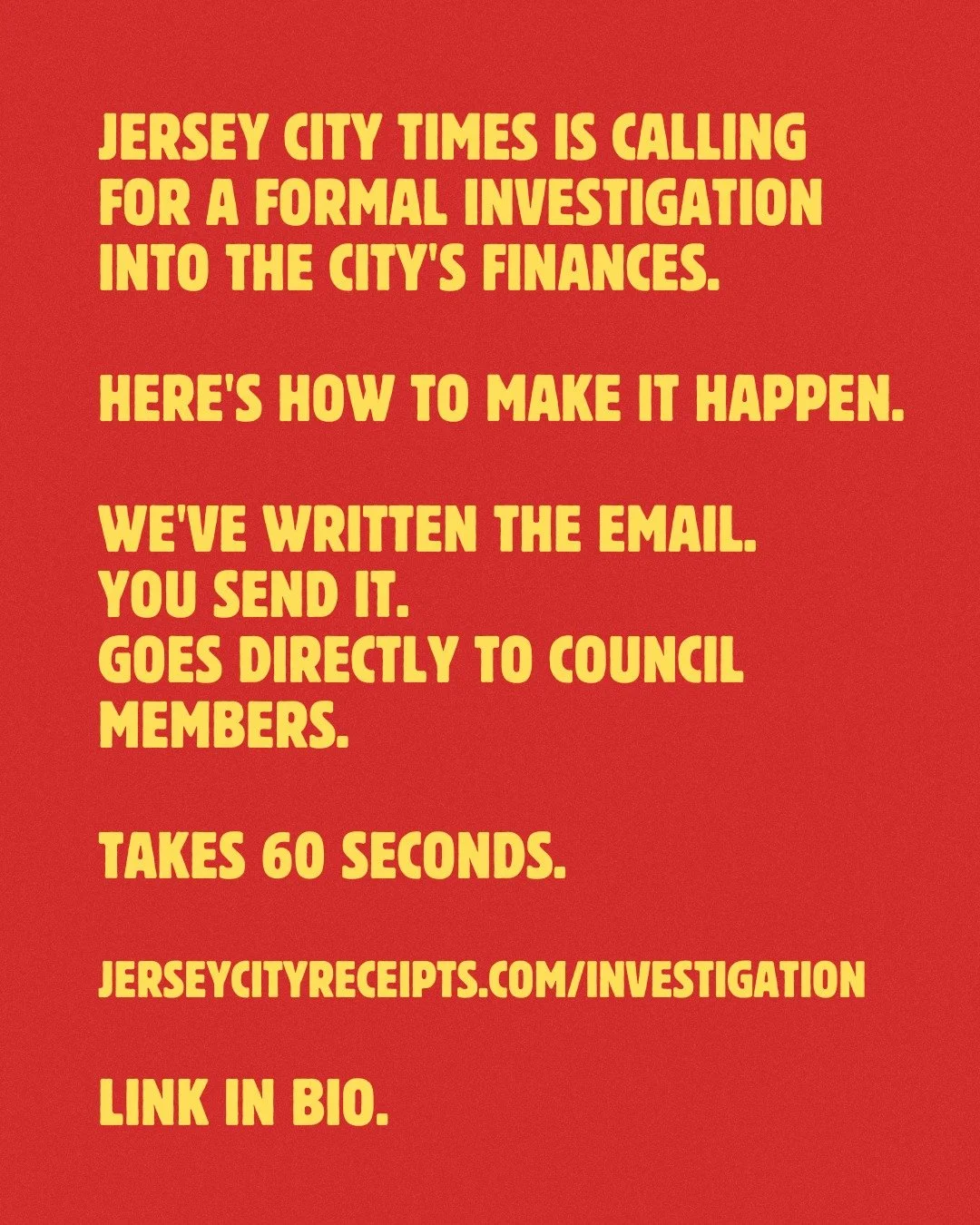 Jersey City Times is calling for a formal investigation into the city's finances.

Here's how to make it happen.
We've written the email. You send it. Goes directly to Council members. Takes 60 seconds.

jerseycityreceipts.com/investigation

(Jersey 