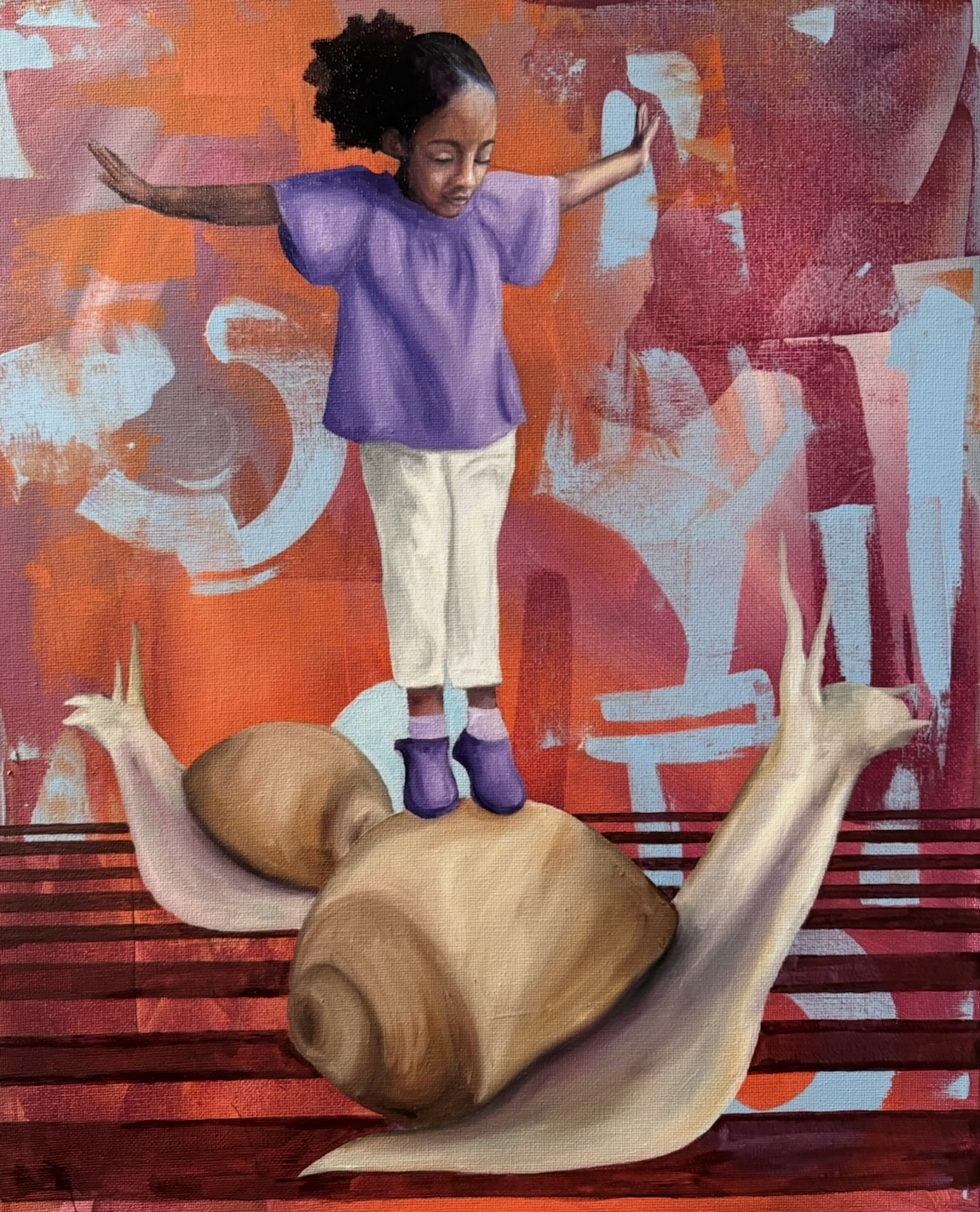 A painting of a girl standing with arms outstretched on a large snail, with an abstract background of warm colors and shapes.