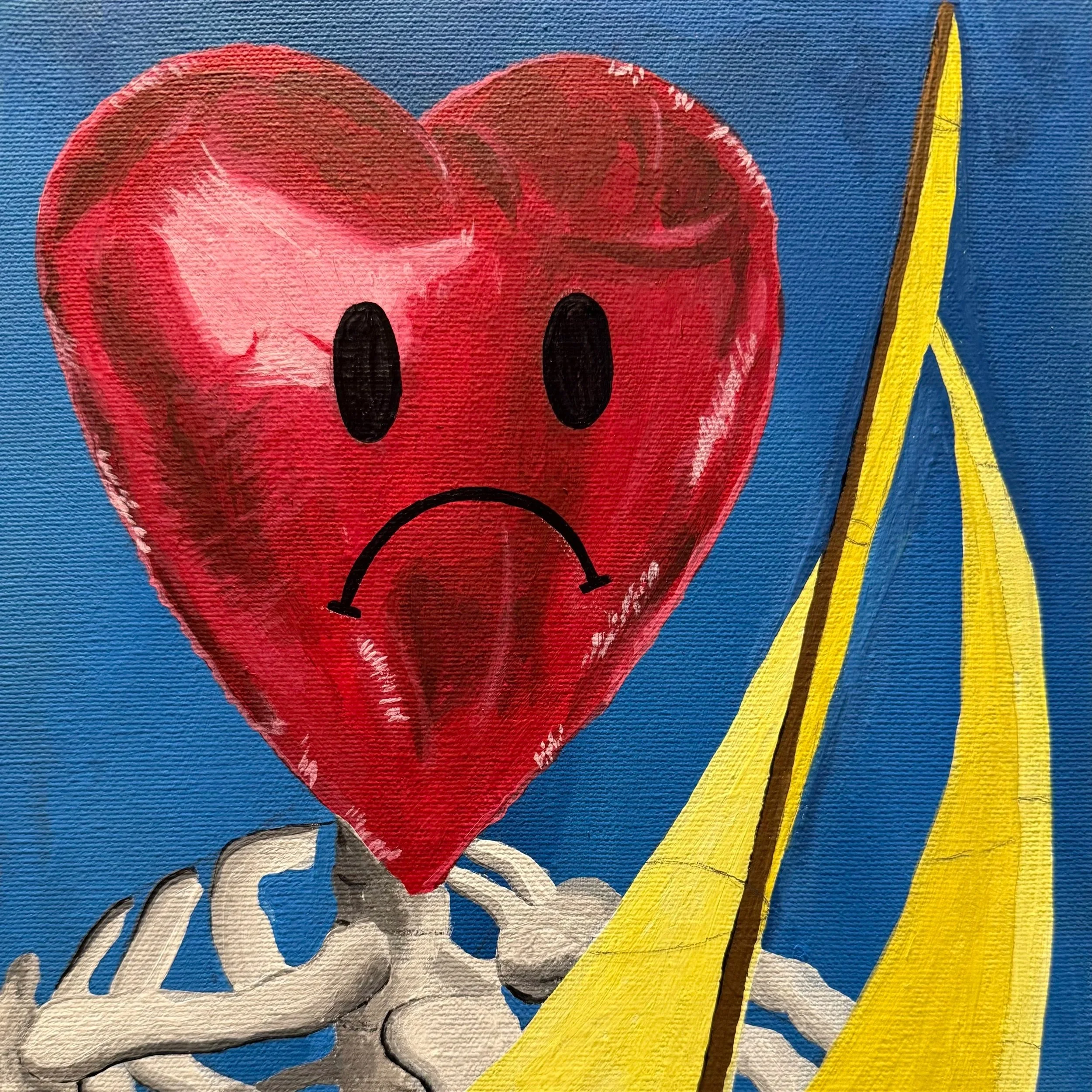 A painted artwork featuring a red heart with a sad face, with a fuse on the side, against a blue background.