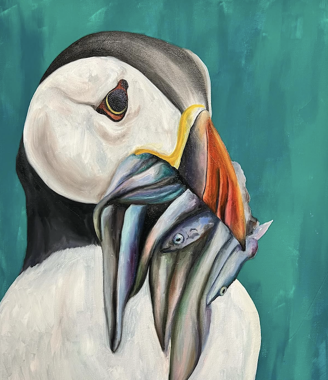A painting of a puffin with its beak filled with multiple fish against a teal background.