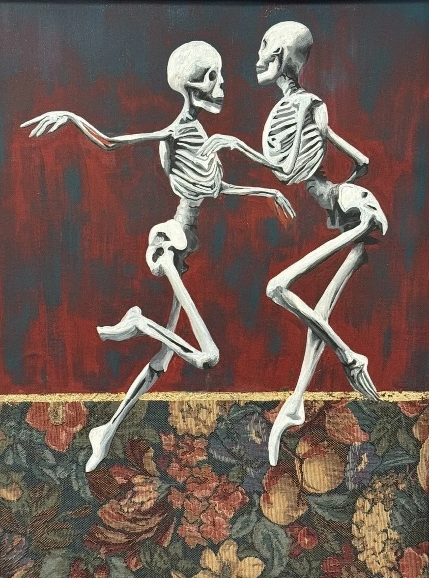 Painting of two skeletons dancing against a dark red background, with a floral patterned carpet below.