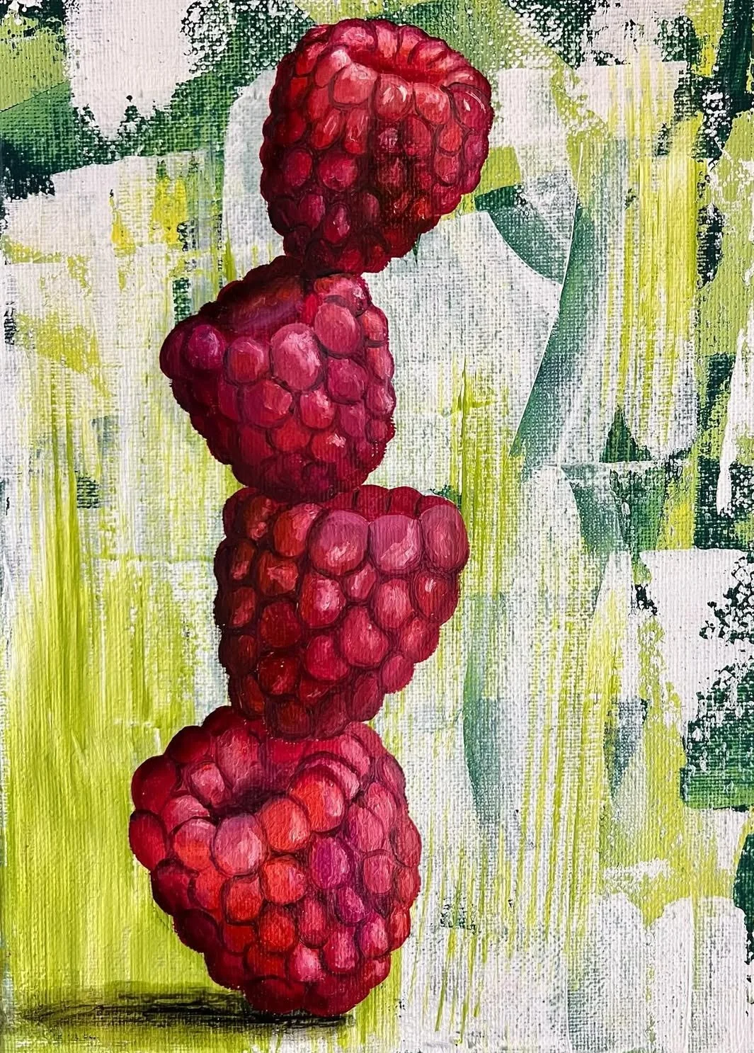 A painting of three stacked raspberries on a green and white abstract background.
