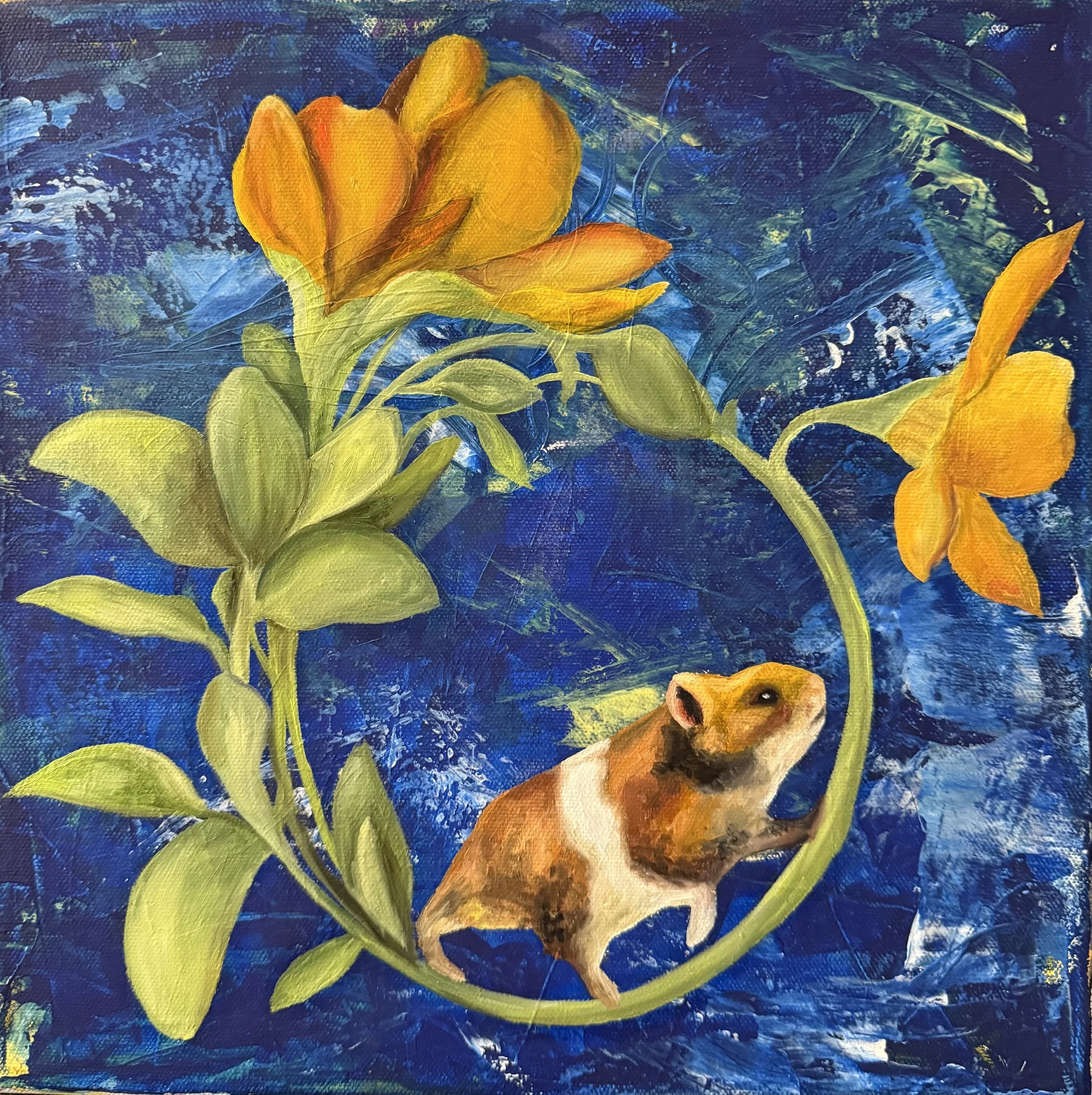 A vibrant painting featuring yellow and orange flowers, green leaves, and a small brown and white guinea pig against a textured blue background.