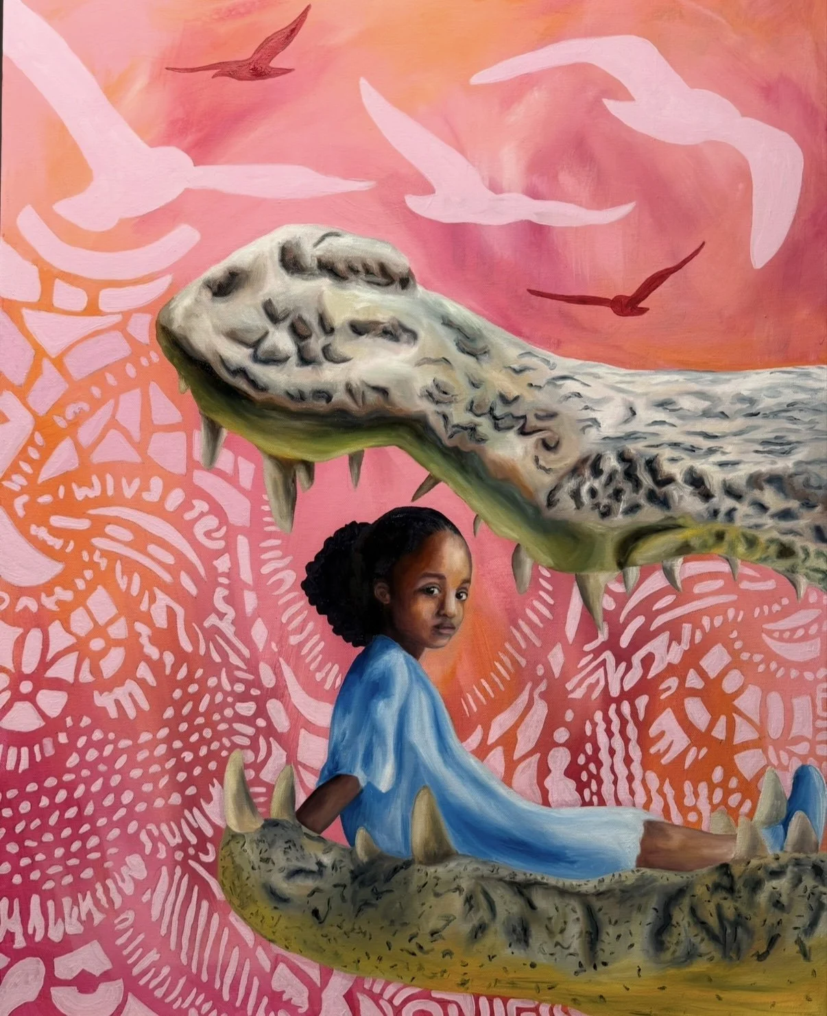 A painting of a young girl sitting on a crocodile with a large crocodile head flying overhead. The background is pink with white and darker pink patterns and flying birds.