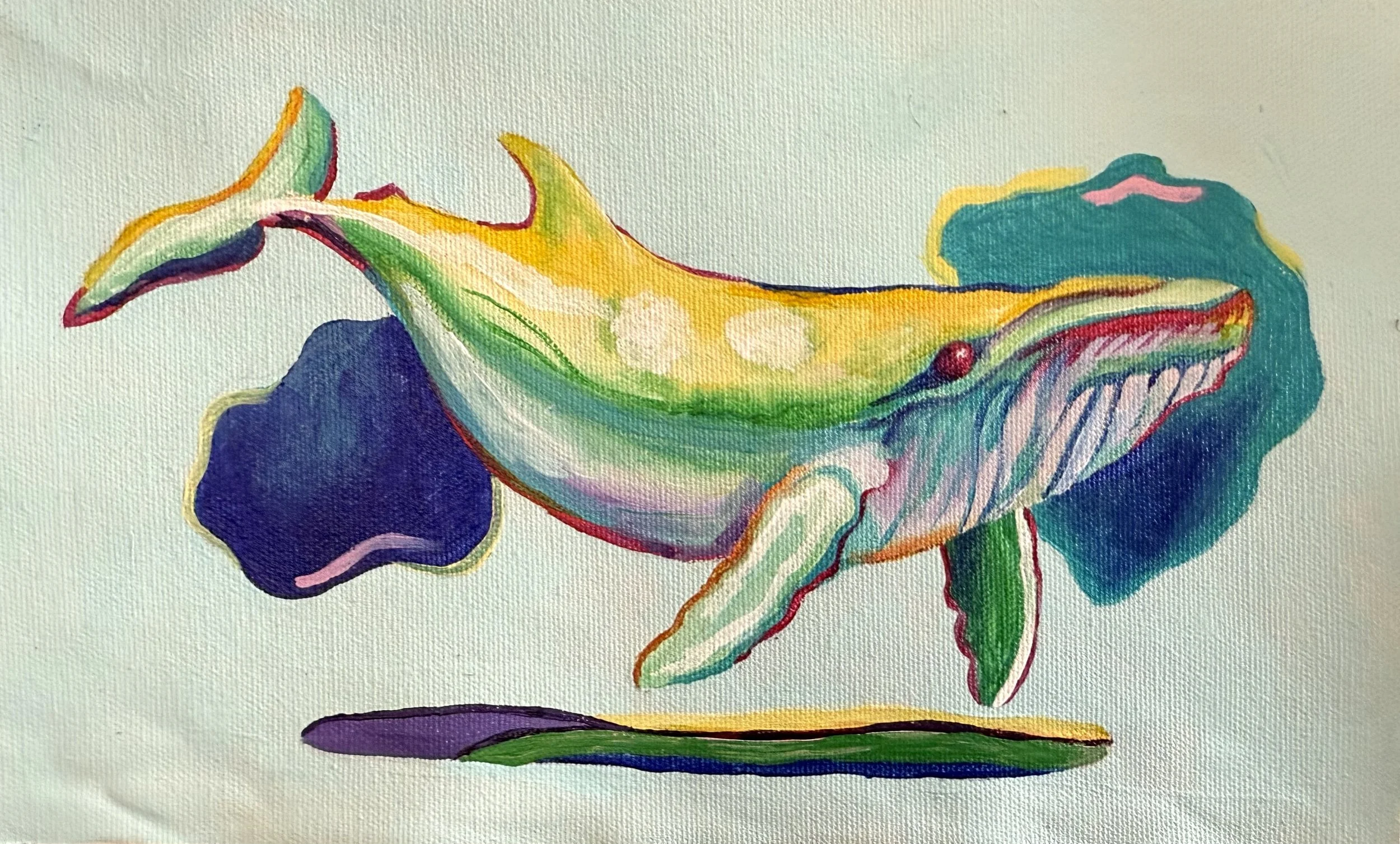 Colorful watercolor painting of a whale with a yellow and green body, pink and blue accents, swimming above a blue shadow, with abstract shapes in blue and green in the background.