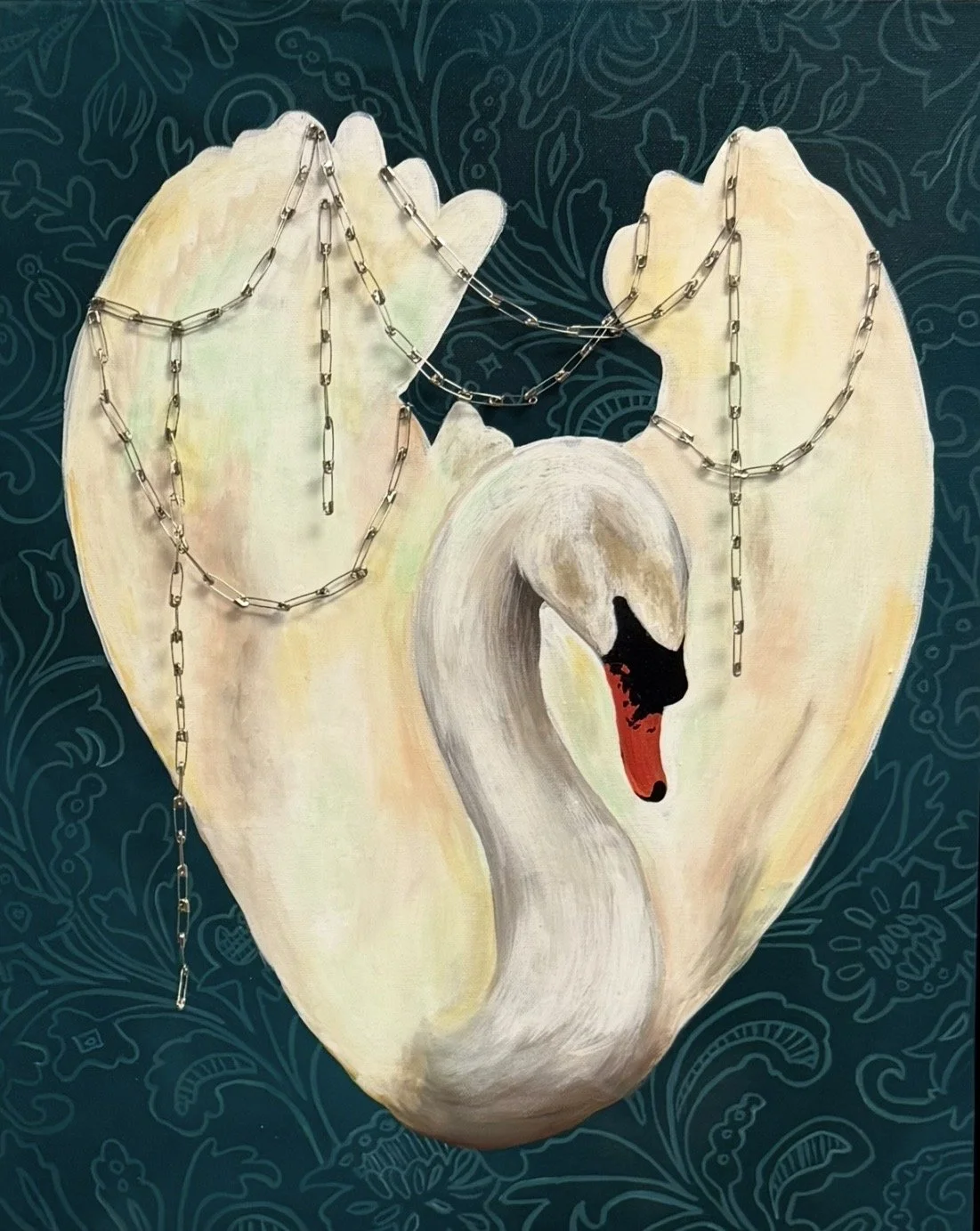 Painting of a swan with its neck curved, overlaid with a chain necklace, set against a dark patterned background.