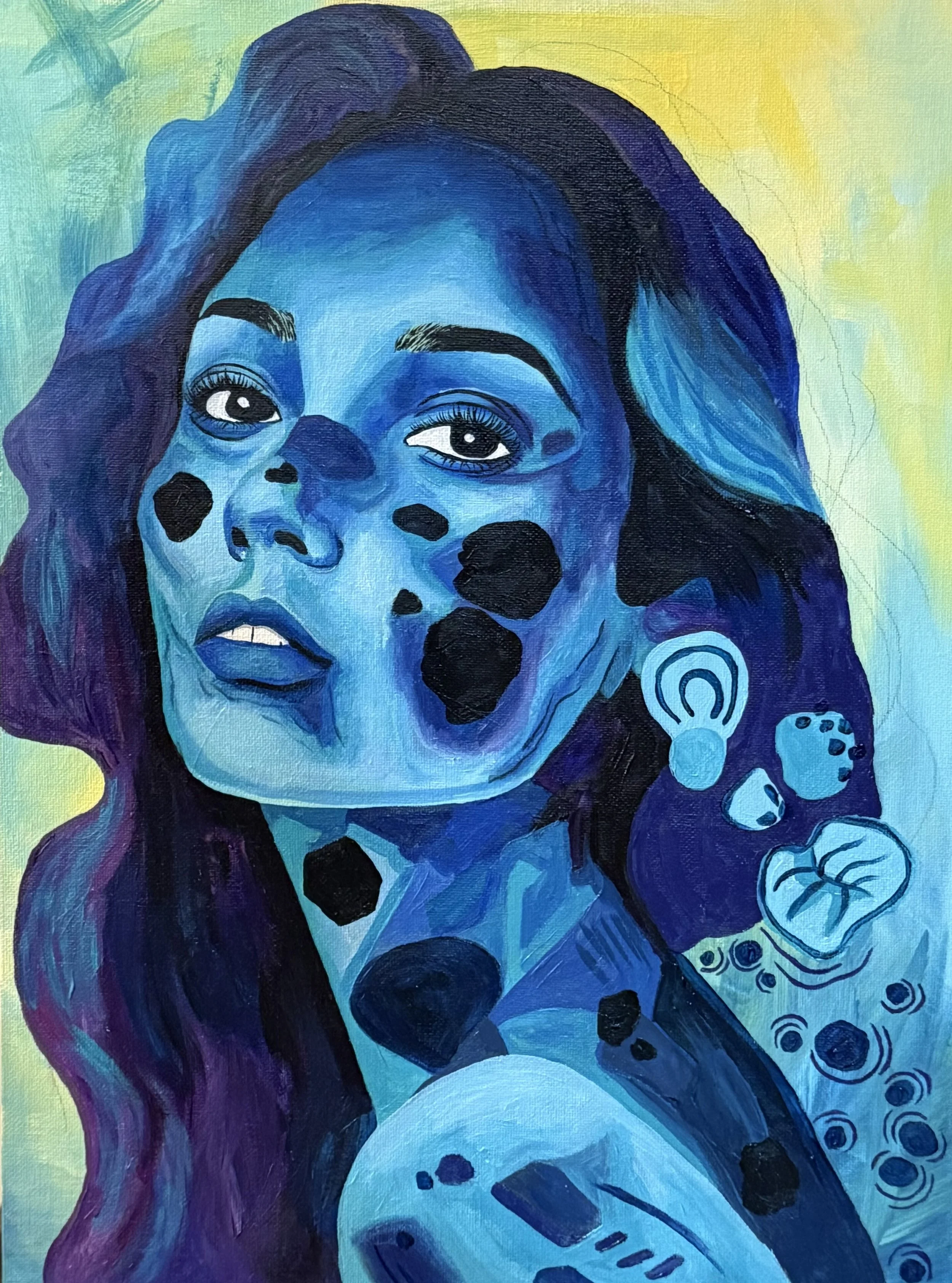 A portrait of a woman painted in shades of blue and purple with black spots on her face, wearing earrings, with long wavy hair, and a colorful background.