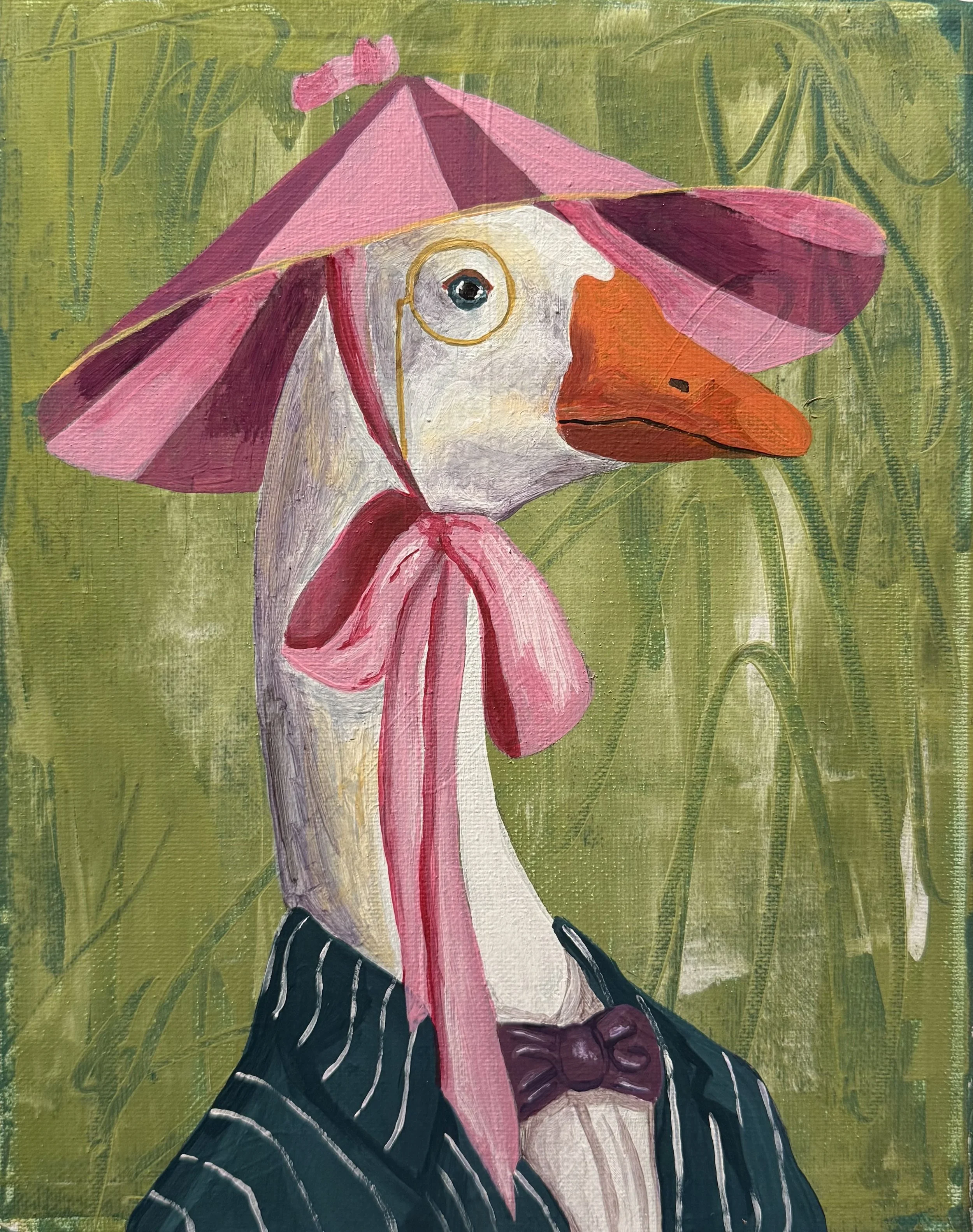 A painting of a goose dressed in vintage clothing, wearing a pink parasol hat, a pink bow tie, glasses, and a pinstripe suit, set against a green background.