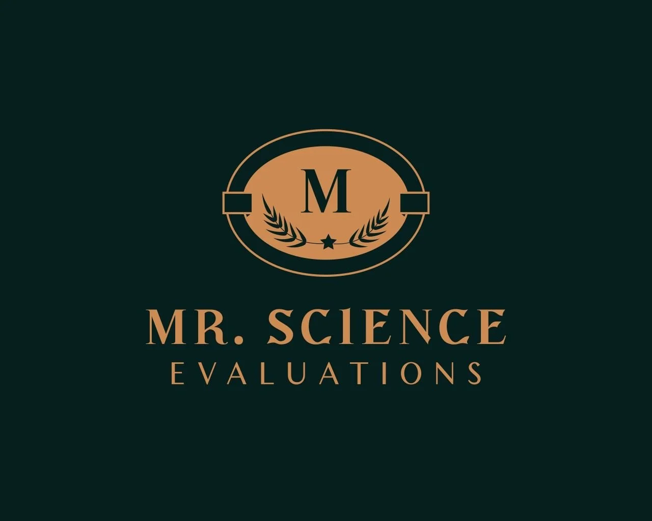 Logo for Mr. Science Evaluations featuring a gold emblem with a large letter M, laurel branches, and text in gold on a dark background.