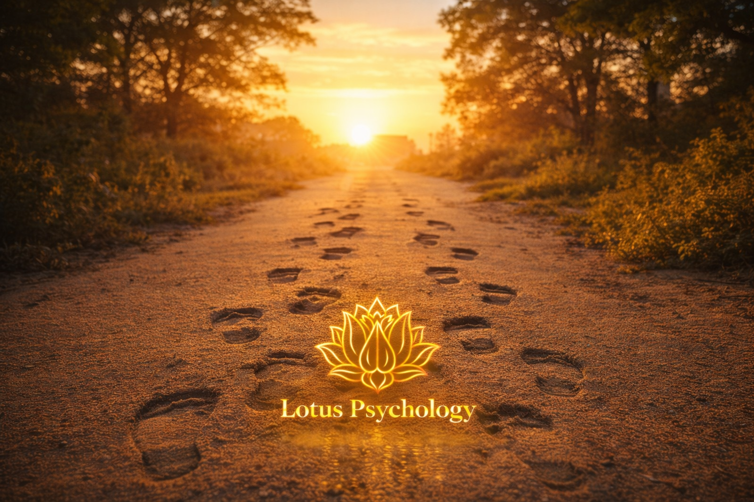 Footprints on a sandy dirt road at sunset with trees on either side, and a glowing Lotus Psychology logo at the bottom center.