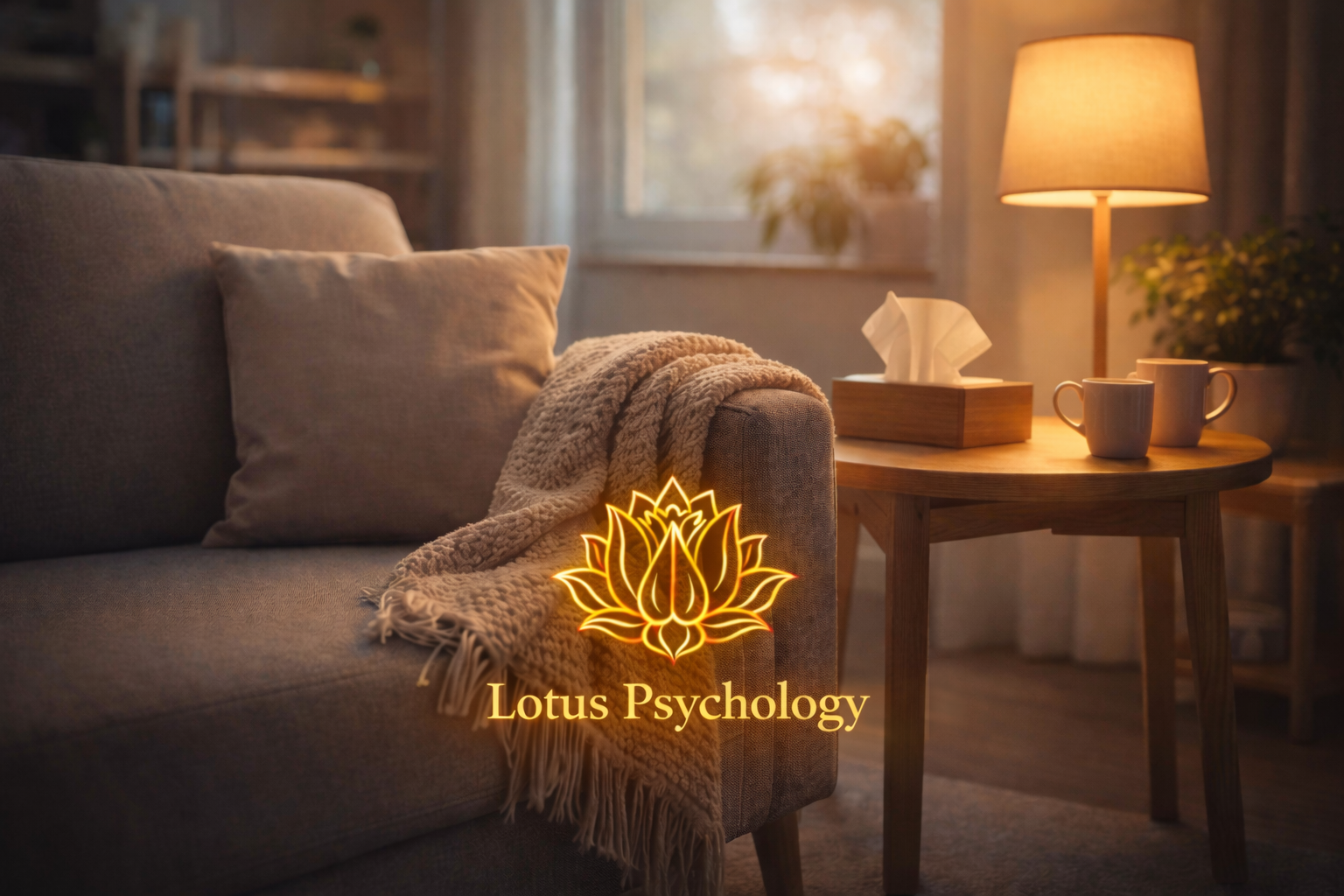 A cozy living room with a gray sofa, beige pillows, a blanket, a wooden side table with a tissue box and two coffee mugs, a warm table lamp, and a window with sunlight streaming in. The image has a logo for Lotus Psychology.