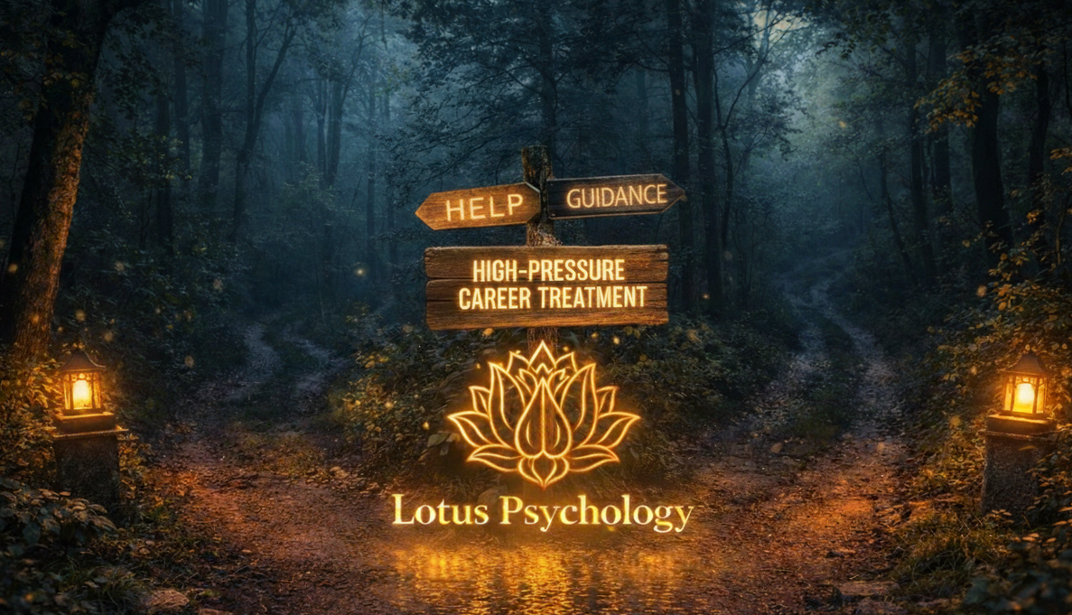 A forest path at dusk with glowing lanterns on either side. A signpost with arrows pointing to 'Help' and 'Guidance,' and a wooden plank that says 'High-Pressure Career Treatment.' Below, a glowing lotus flower graphic with the text 'Lotus Psychology'.