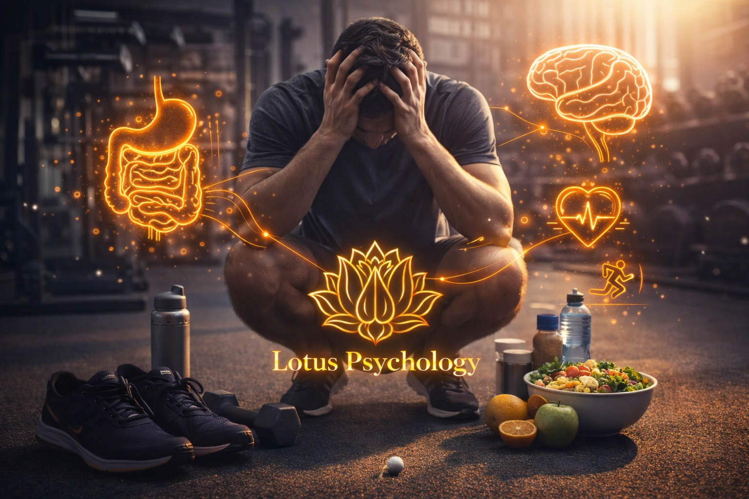 A man sitting on the ground in workout gear, holding his head, with glowing orange graphics of a stomach, brain, heart, and running figure around him. The words "Lotus Psychology" are displayed below a lotus flower symbol, with workout equipment, water bottles, fruit, and a salad bowl nearby.
