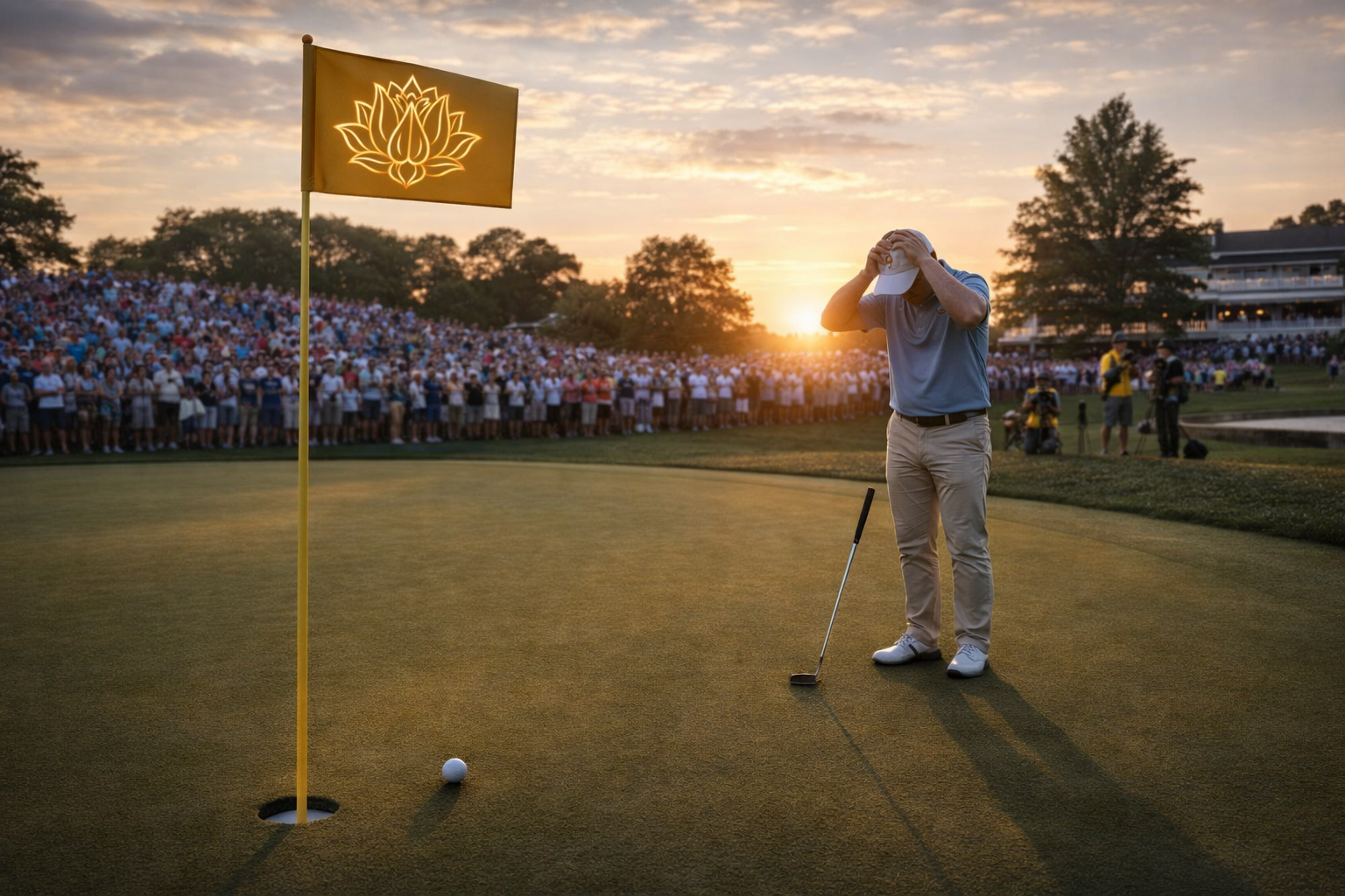 A golfer standing on the green with a golf club, appearing to be upset, during sunset with a large crowd watching in the background.