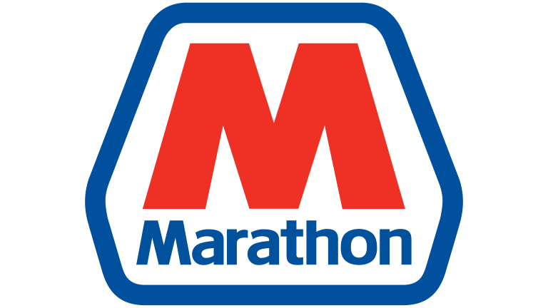 Logo of Marathon with a large red 'M' and the word 'Marathon' below in blue, outlined by a blue border.