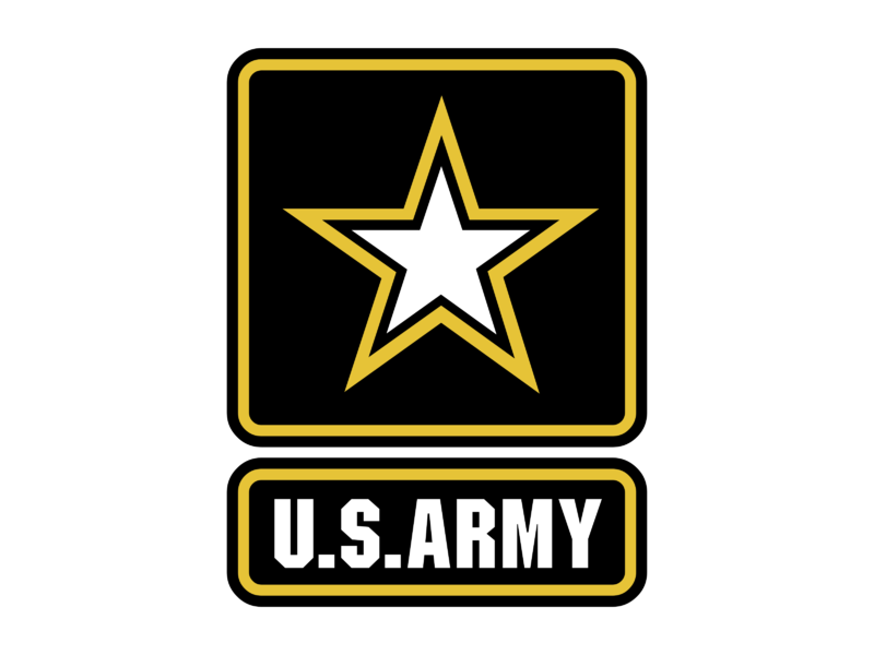 U.S. Army logo with a white star outlined in black and gold on a black background, and the text 'U.S. ARMY' in white block letters below, outlined in black and gold.