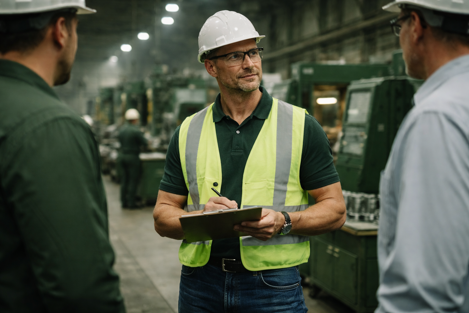 A man wearing a white hard hat and yellow safety vest takes notes on a clipboard while talking to two men in an industrial manufacturing setting. The man is the plant manager or general manager, working to solve an important problem with his team.