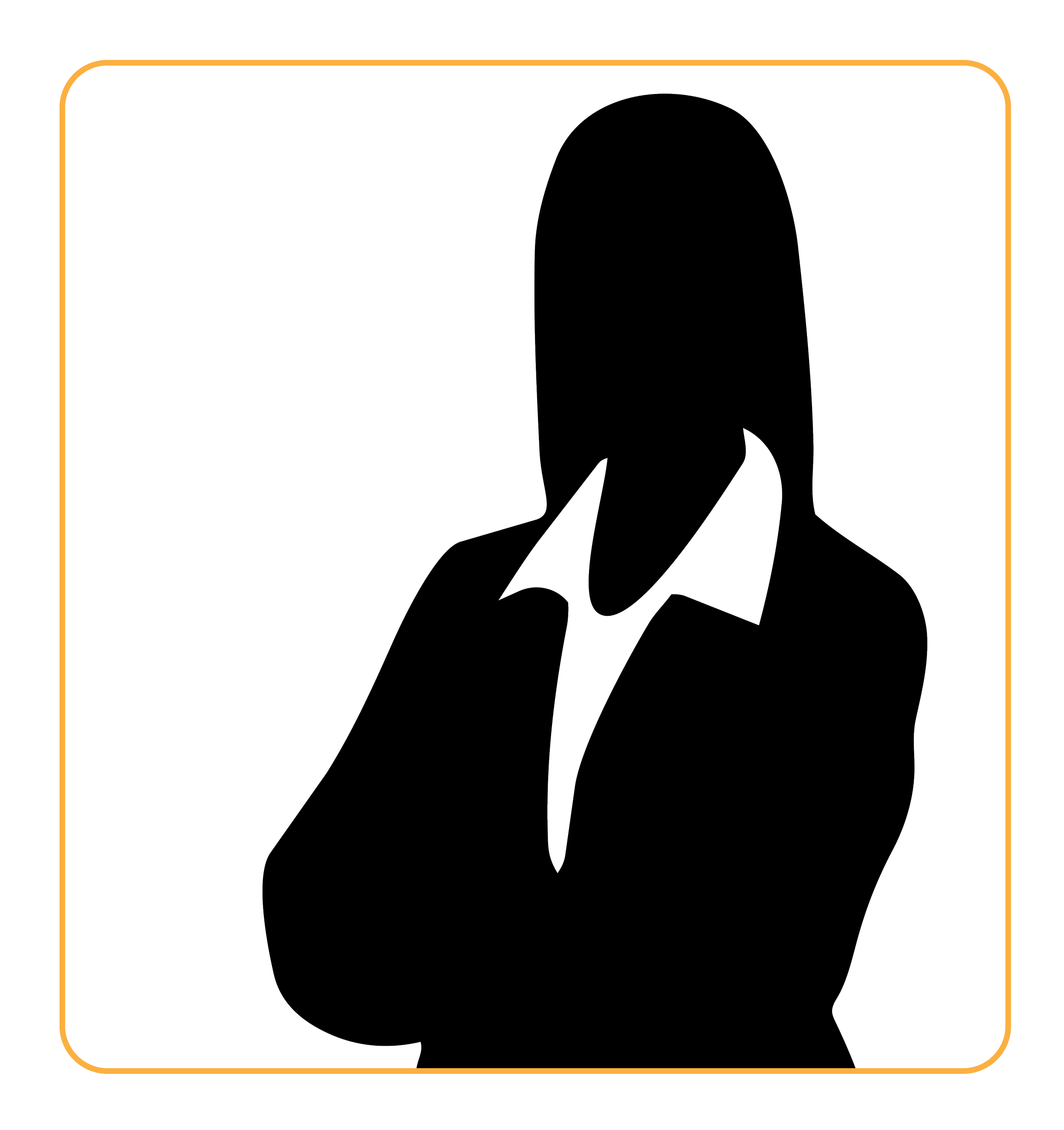 Outline illustration of a man in a suit with short hair, set against a black background with a rounded orange border.