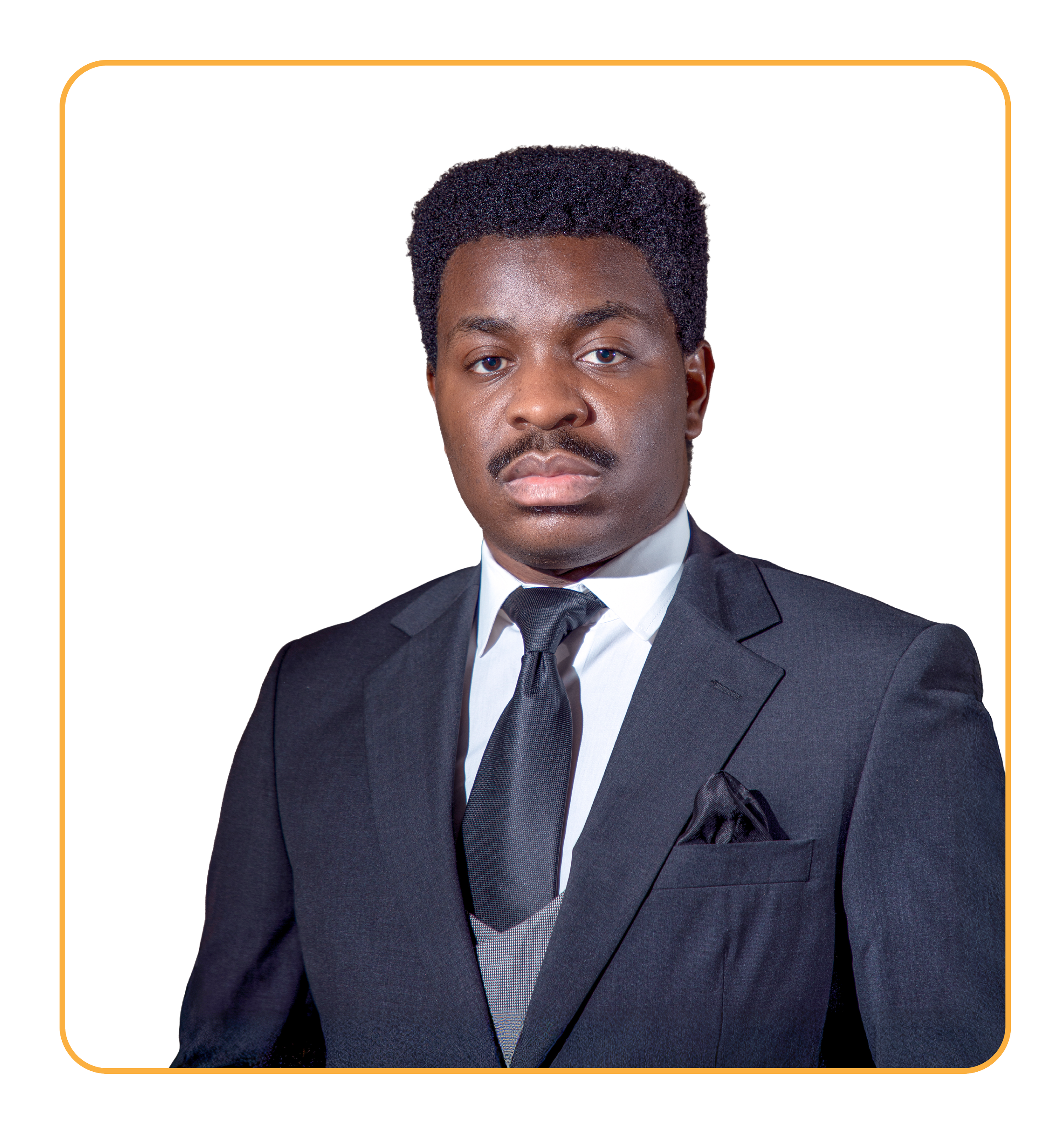 Headshot of a man with dark skin, wearing a dark gray suit, white shirt, gray vest, and dark tie, against a black background.