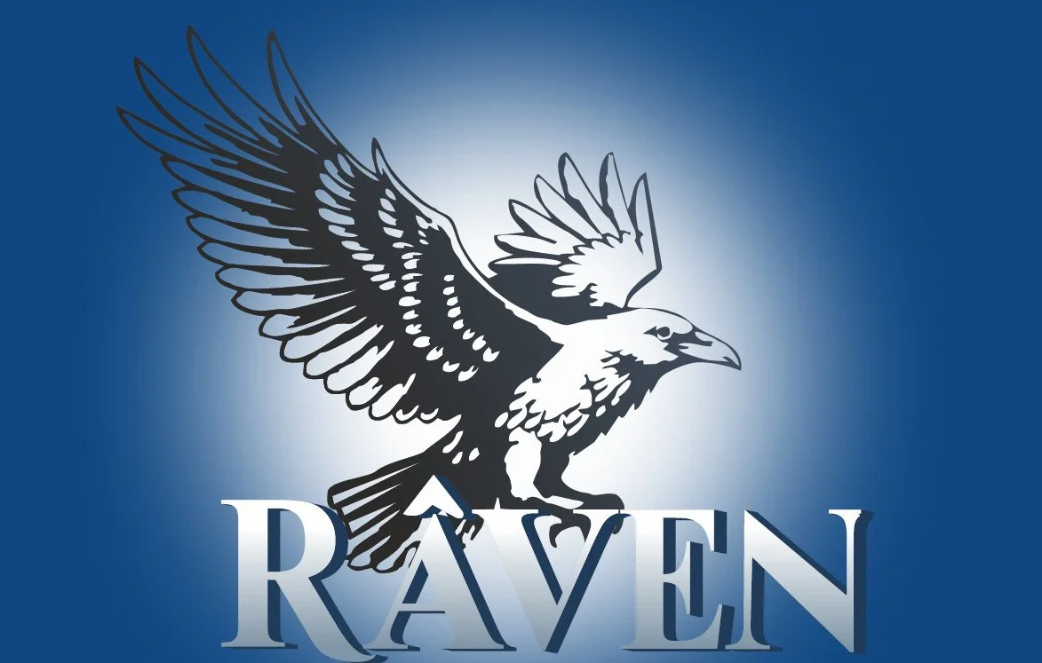 A stylized black and white illustration of a raven with its wings spread, against a blue gradient background. Below the bird, the word 'RAVEN' is written in large, bold letters.