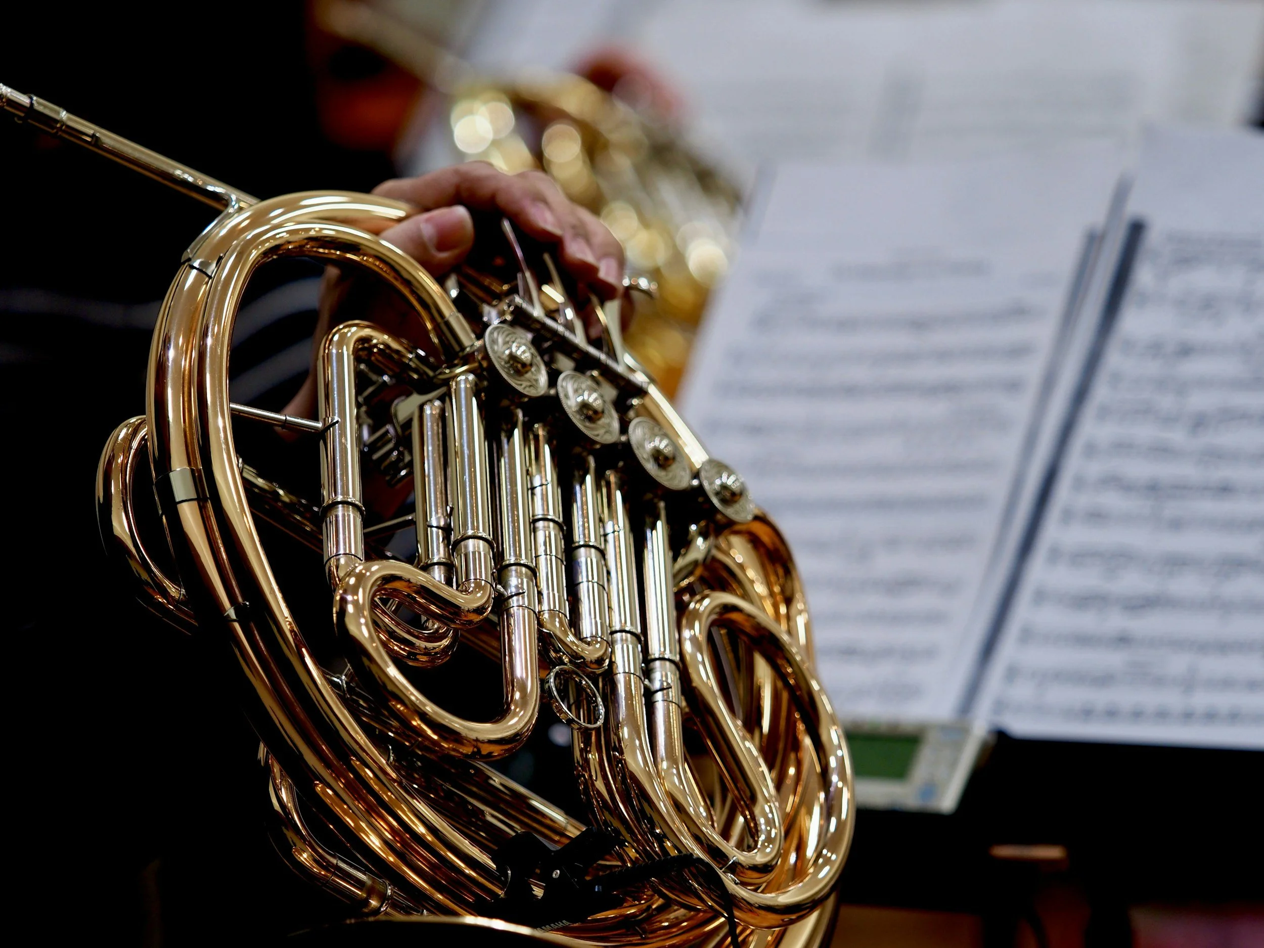 A person playing a brass French horn with sheet music in the background.