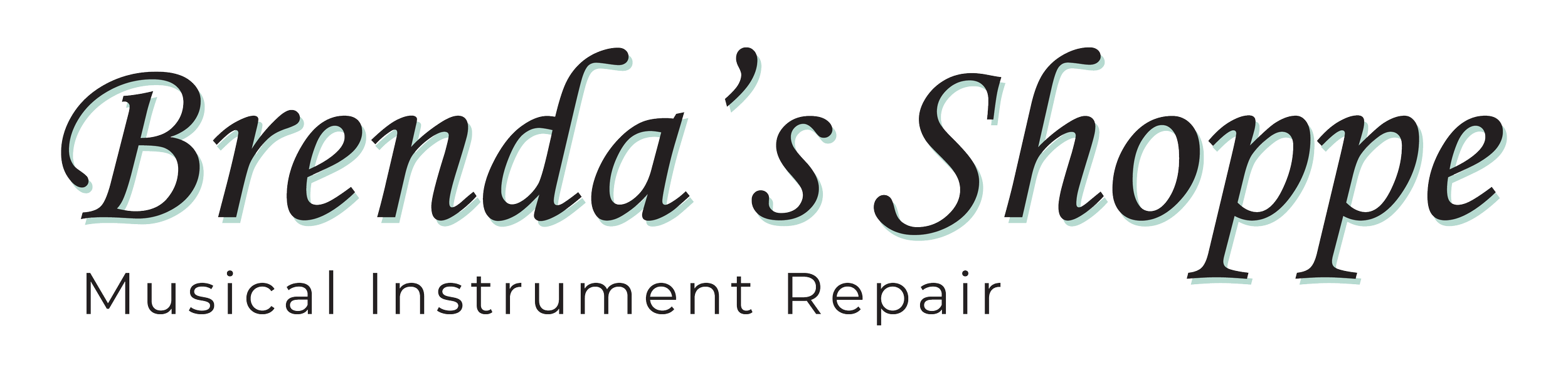 Logo for Brenda's Shoppe, a musical instrument repair store, with stylized black and white text and a black background.