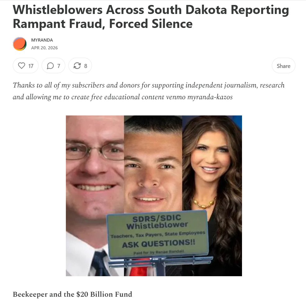 Matt Clark, Marty Jackley, Kristi Noem in background with billboard in front saying, "SDRS/SDIC Whistleblower Teachers, Tax Payers, State Employees ASK QUESTIONS!! Paid for by Renae Randall"