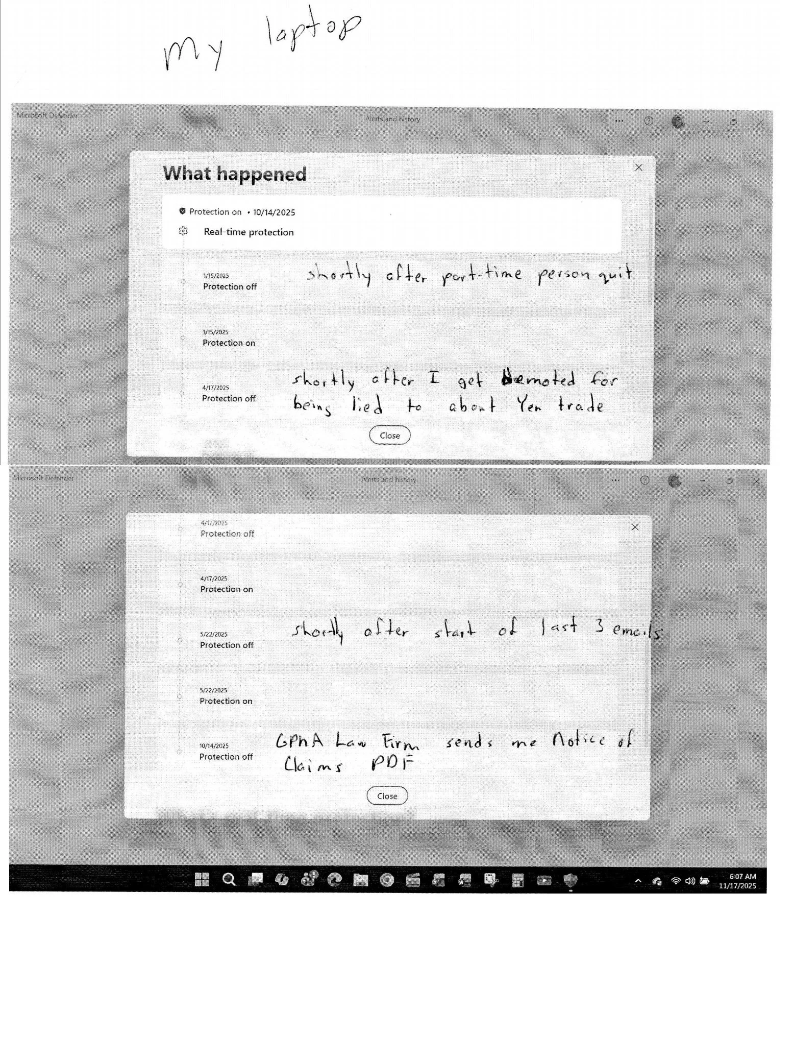 List of MS Defender anti-virus being turned on and off near events during whistleblowing process