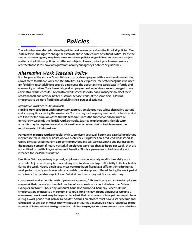 South Dakota State Employee Handbook policy on part-time employees