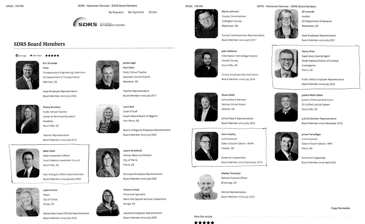 South Dakota Retirement System Board members with the members involved in sending Renae Randall an NDA