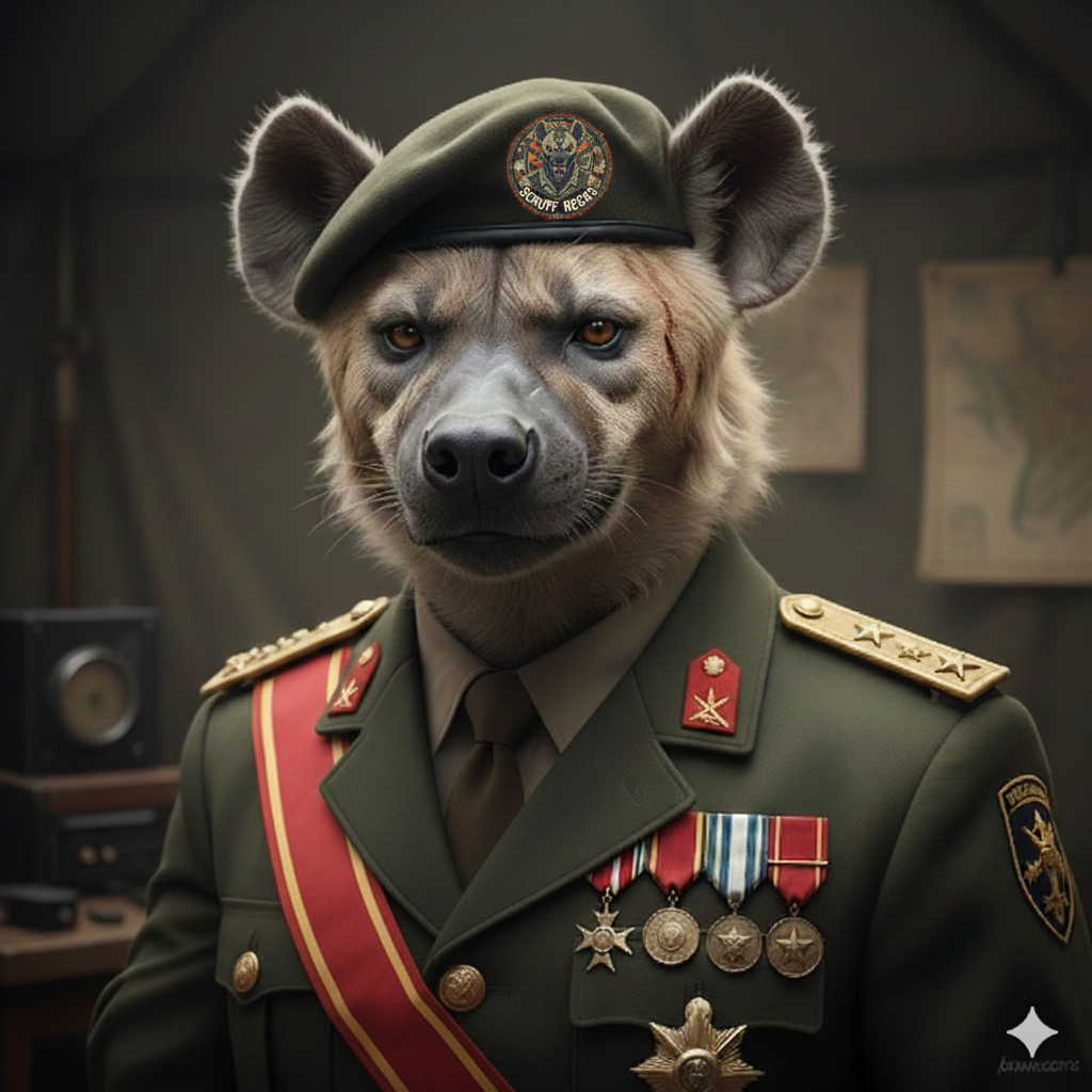 An anthropomorphic dog dressed in a military uniform with medals, a beret with a patch, and a serious expression.