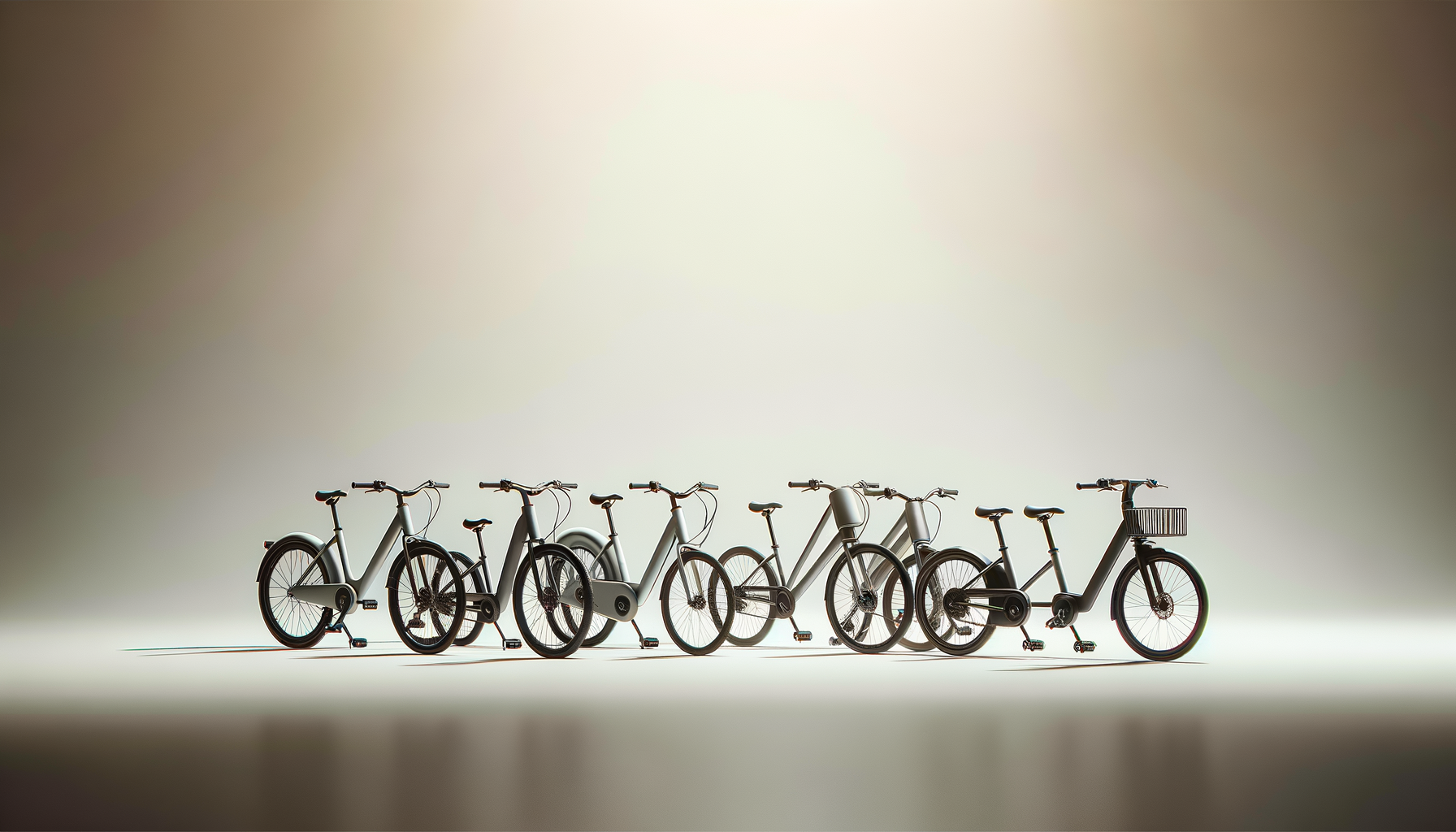 A row of seven modern, minimalistic bikes with pedals, handlebars, and wheels, evenly spaced against a soft gradient background.