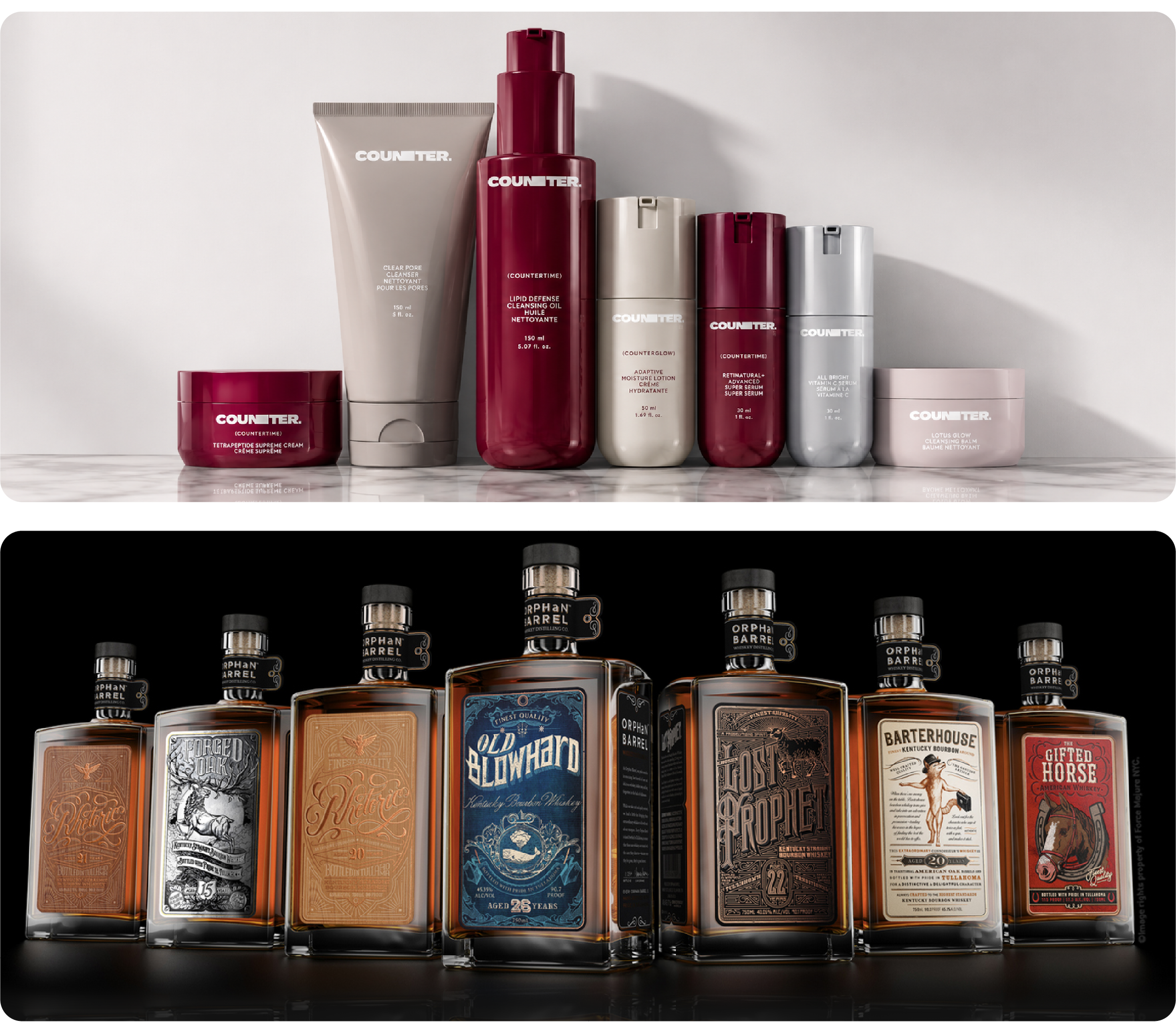 Packaging production for COUNTER beauty and Diageo Orphan Barrel whiskey