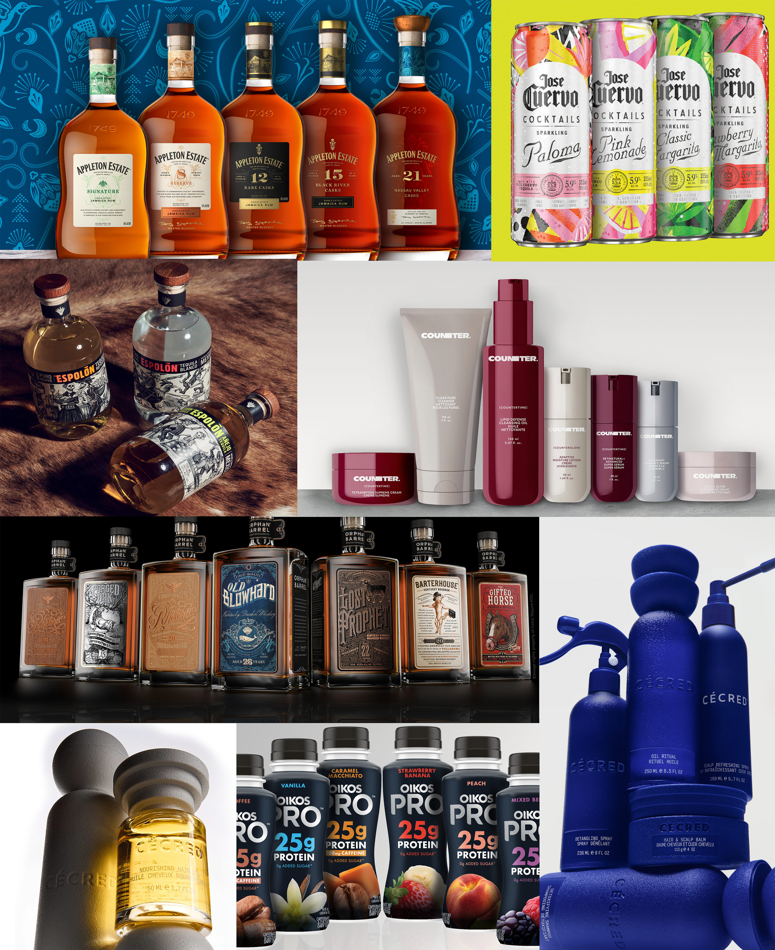 Packaging production portfolio — spirits, beauty and CPG brands including Appleton Estate, Espolon, Oikos, Jose Cuervo, Cecred, Orphan Barrel and Counter by print-ability