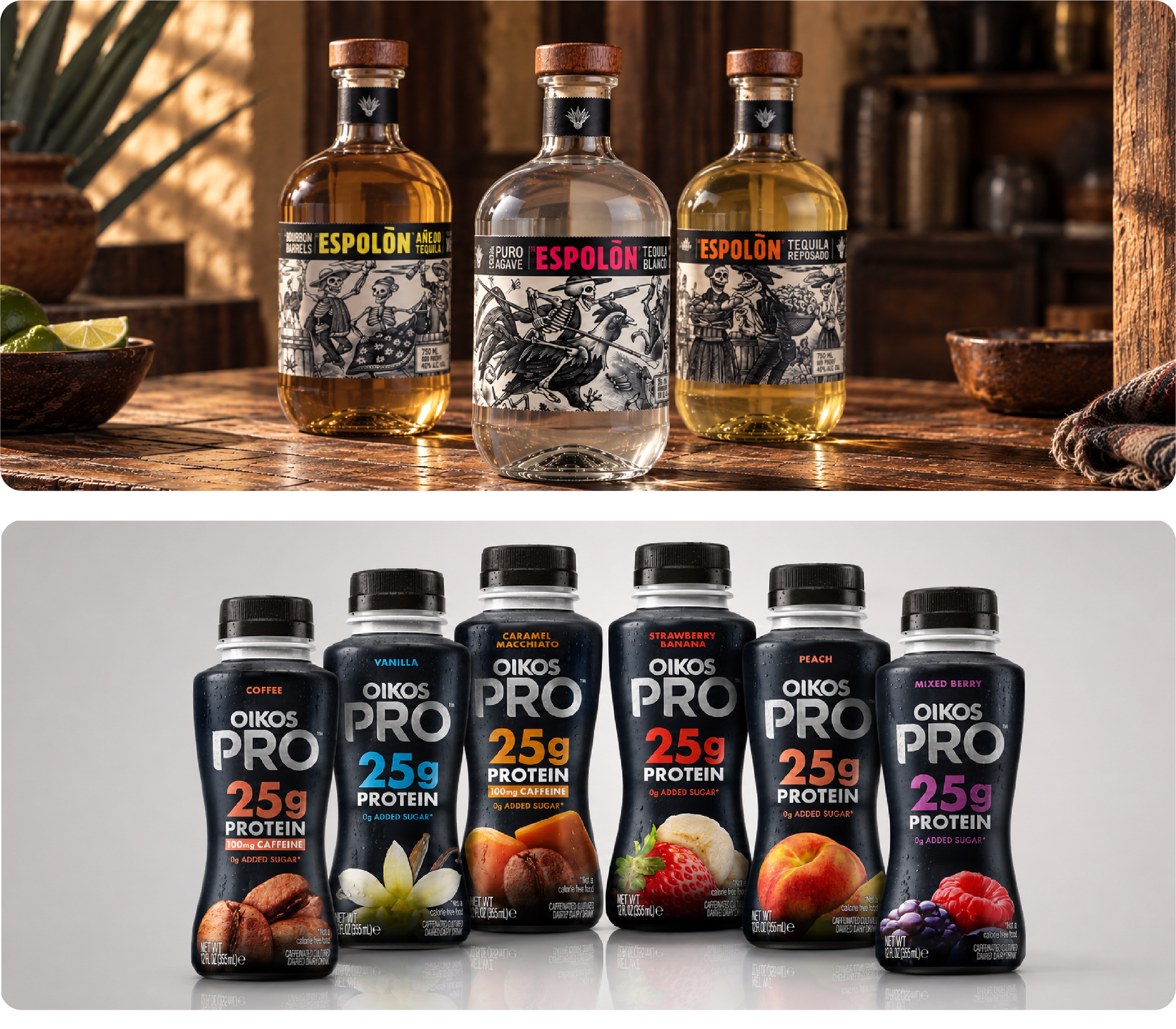 Packaging production for Espolón Tequila by Campari Group and Oikos PRO yogurt