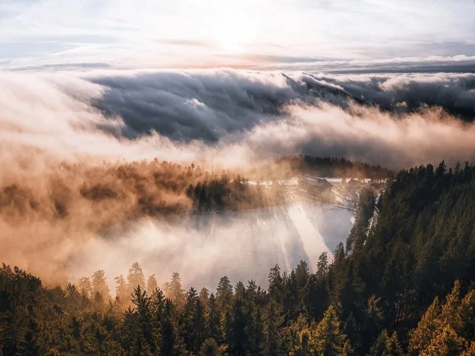 Blick auf den Mummelsee mit Nebel, der über der Landschaft schwebt, bei Sonnenaufgang