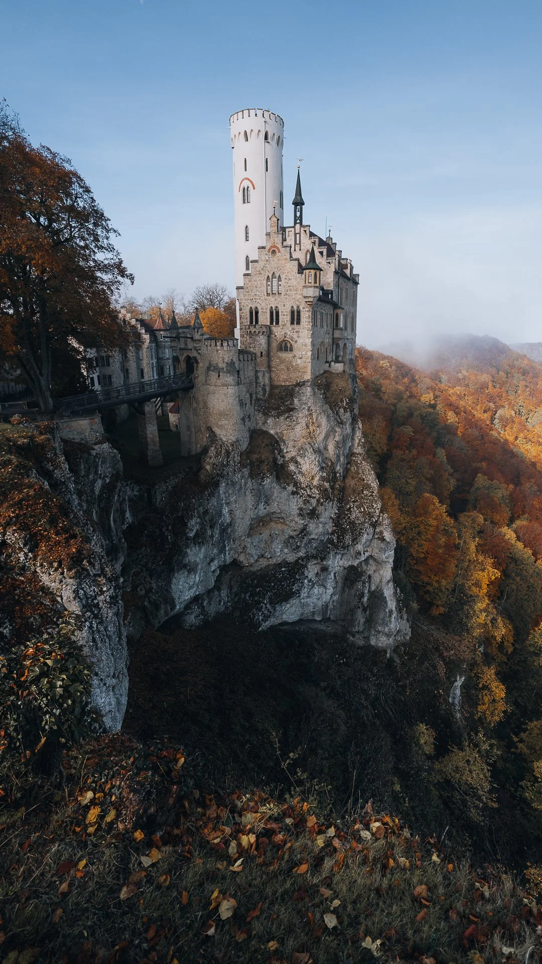 Burg auf einem Felsen mit Herbstlaub im Vordergrund und bewaldeter Hügel im Hintergrund