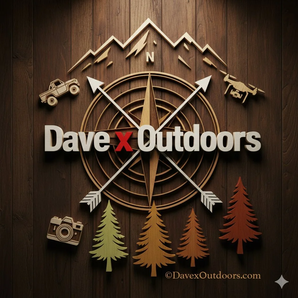 Wooden sign with mountains, trees, and outdoor gear surrounding the text 'Dave x Outdoors' on a wooden background.