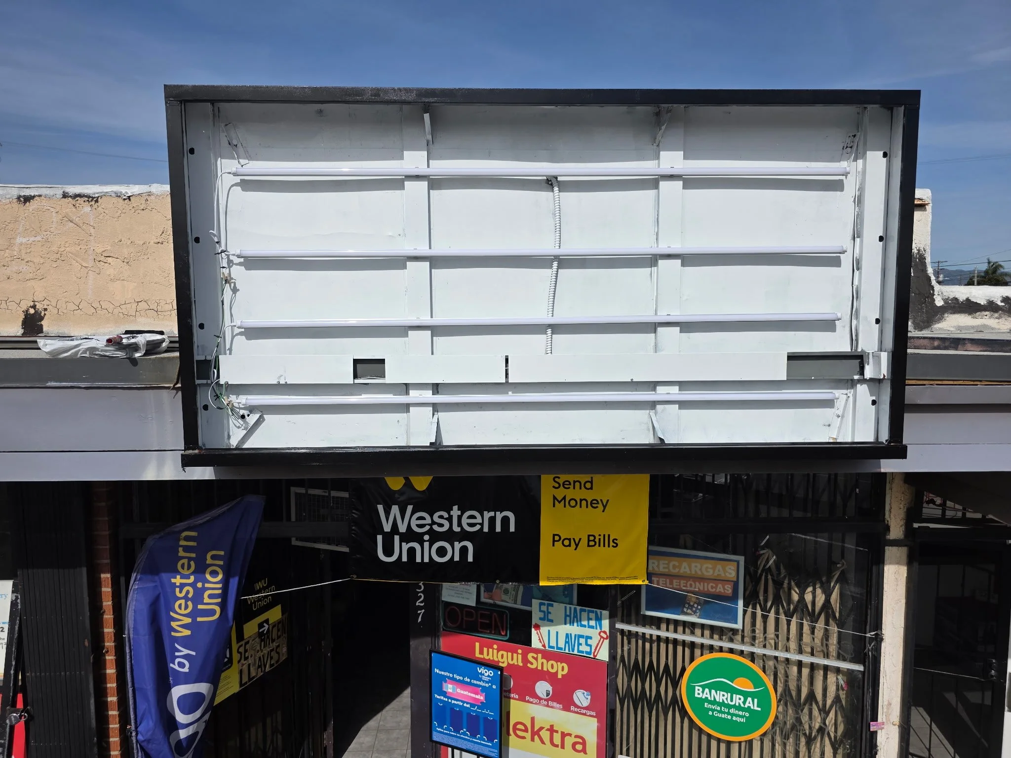 repair, repaint, and reface cabinet sign, including upgrade to LED lighting and remove h.o. lamps after Los Angeles, Ca.