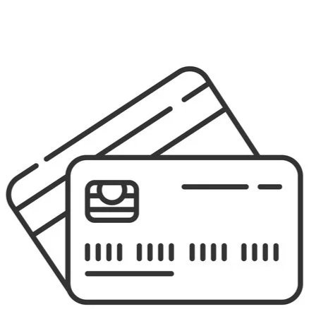 Line drawing of two credit cards, one overlapping the other, with a chip and barcode visible.