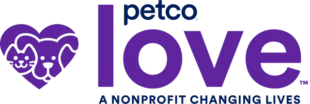 Petco logo with a purple heart-shaped dog face and the words "Petco love" and "A Nonprofit Changing Lives".